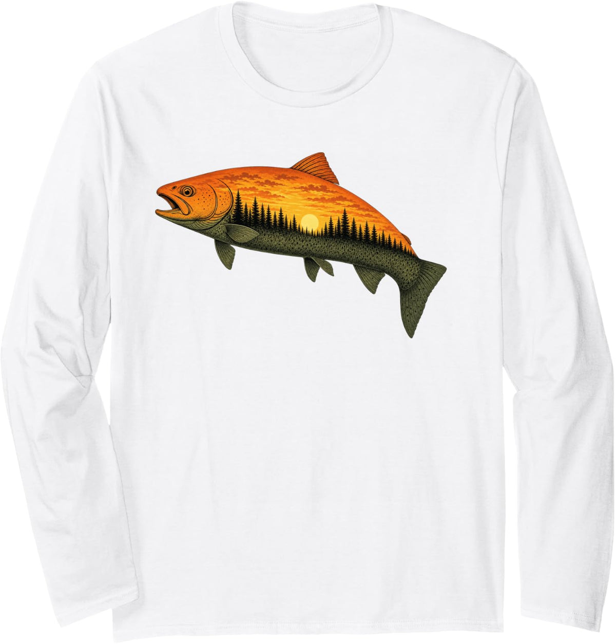 Fishing, Trout, Fly Fishing, Angler Fisherman, Nature Forest Long Sleeve T-Shirt - Adult Unisex White