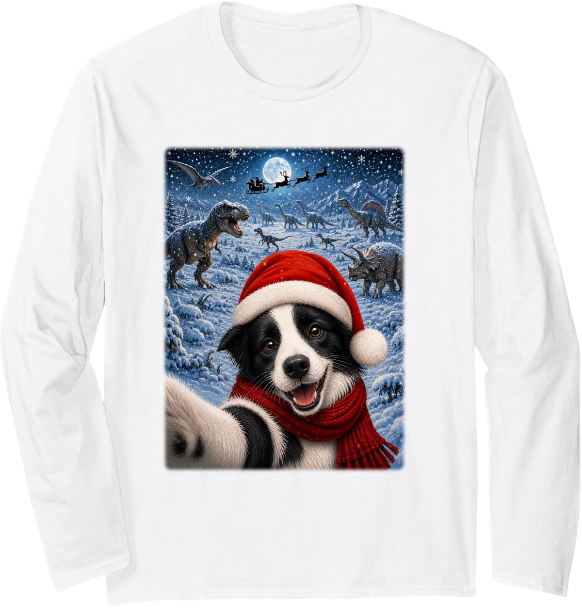 Border Collie Dog Christmas Moon Night Starry Dinosaurs Xmas Long Sleeve T-Shirt - Adult Unisex White
