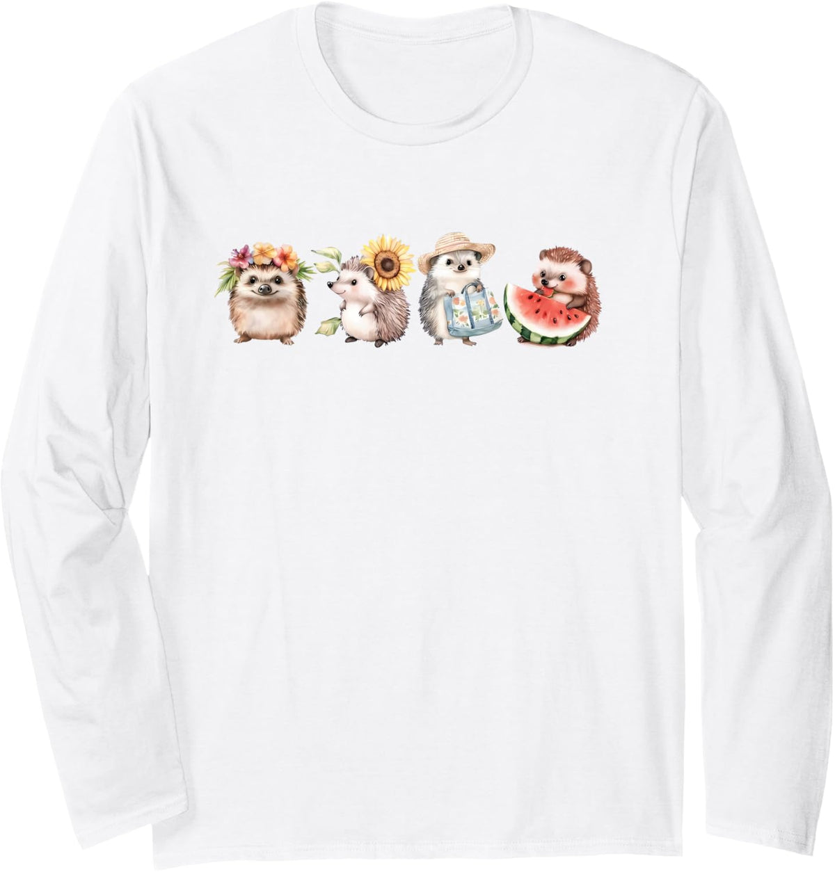 Hedgehog Cute Fruit Floral Tropical Summer Hawaii Vacation Long Sleeve T-Shirt - Adult Unisex White