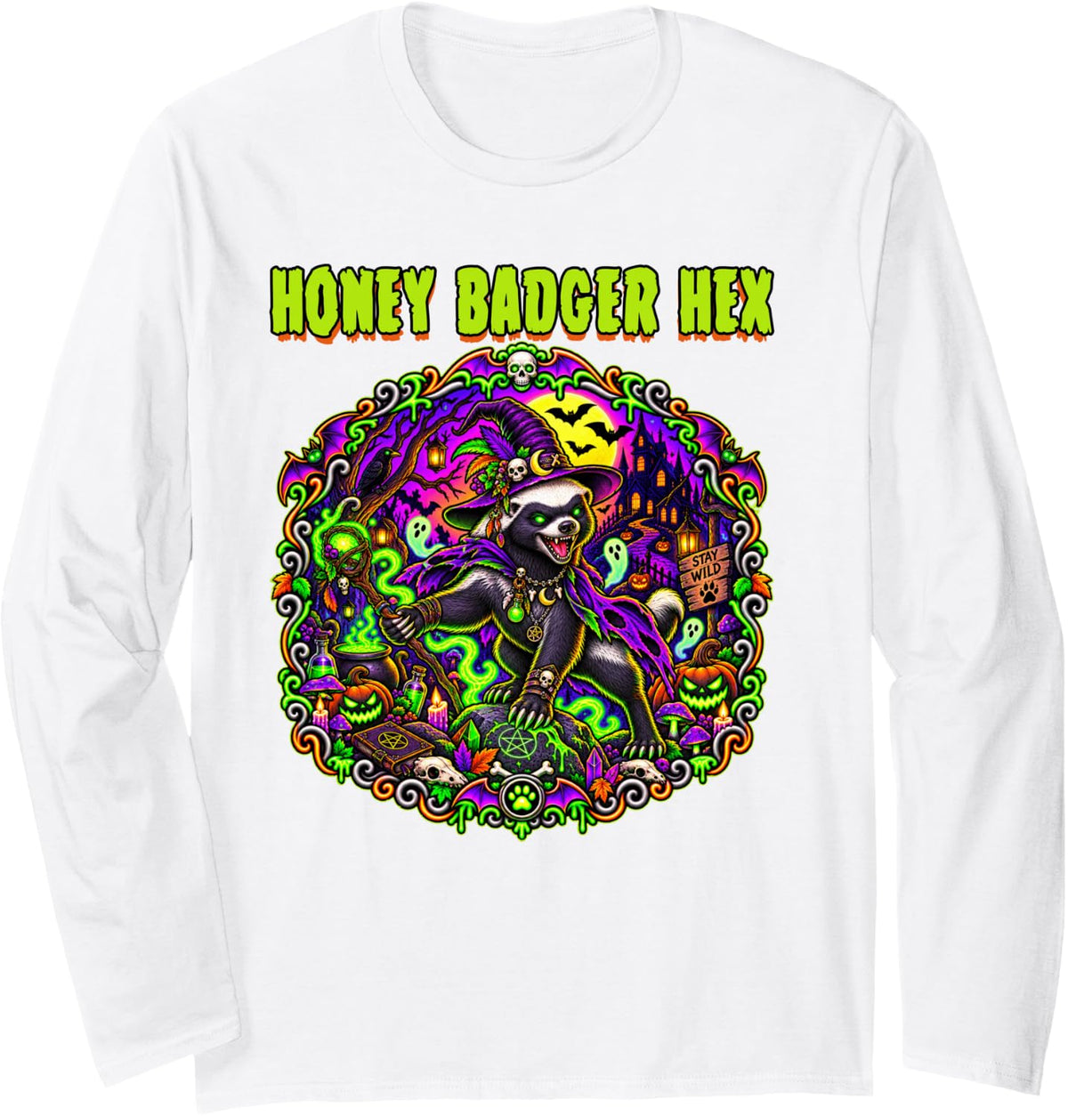 Honey Badger Hex Witch Ghosts Spooky Scary Haunted Horror Long Sleeve T-Shirt - Adult Unisex White