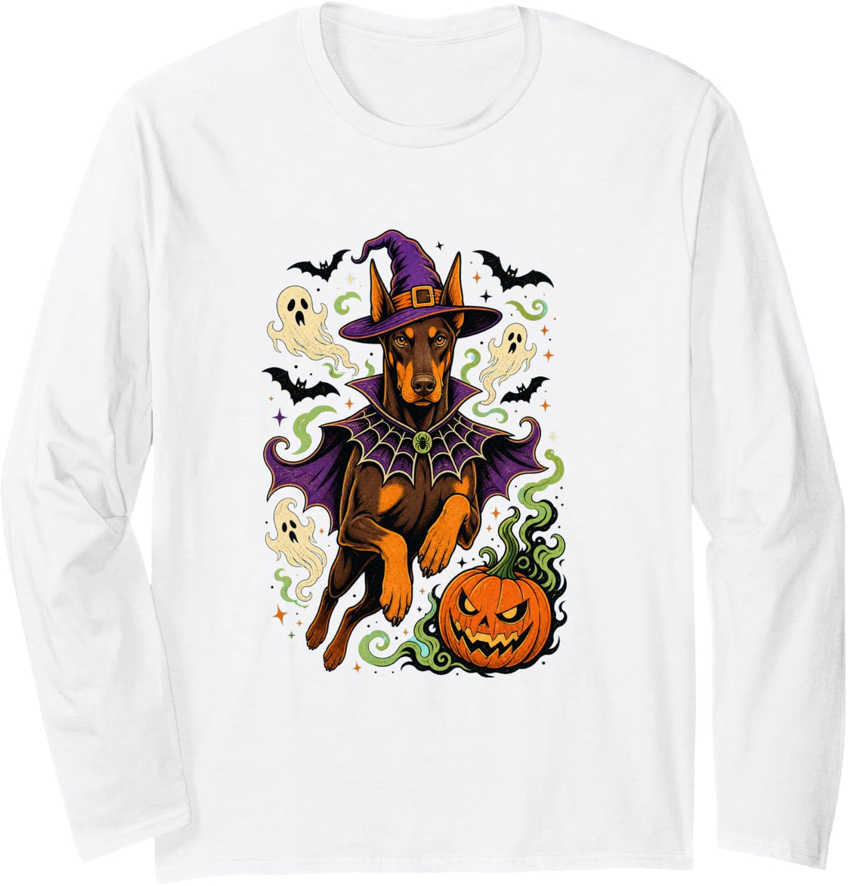 Halloween Doberman Pinscher Witch Dog Long Sleeve T-Shirt - Adult Unisex White