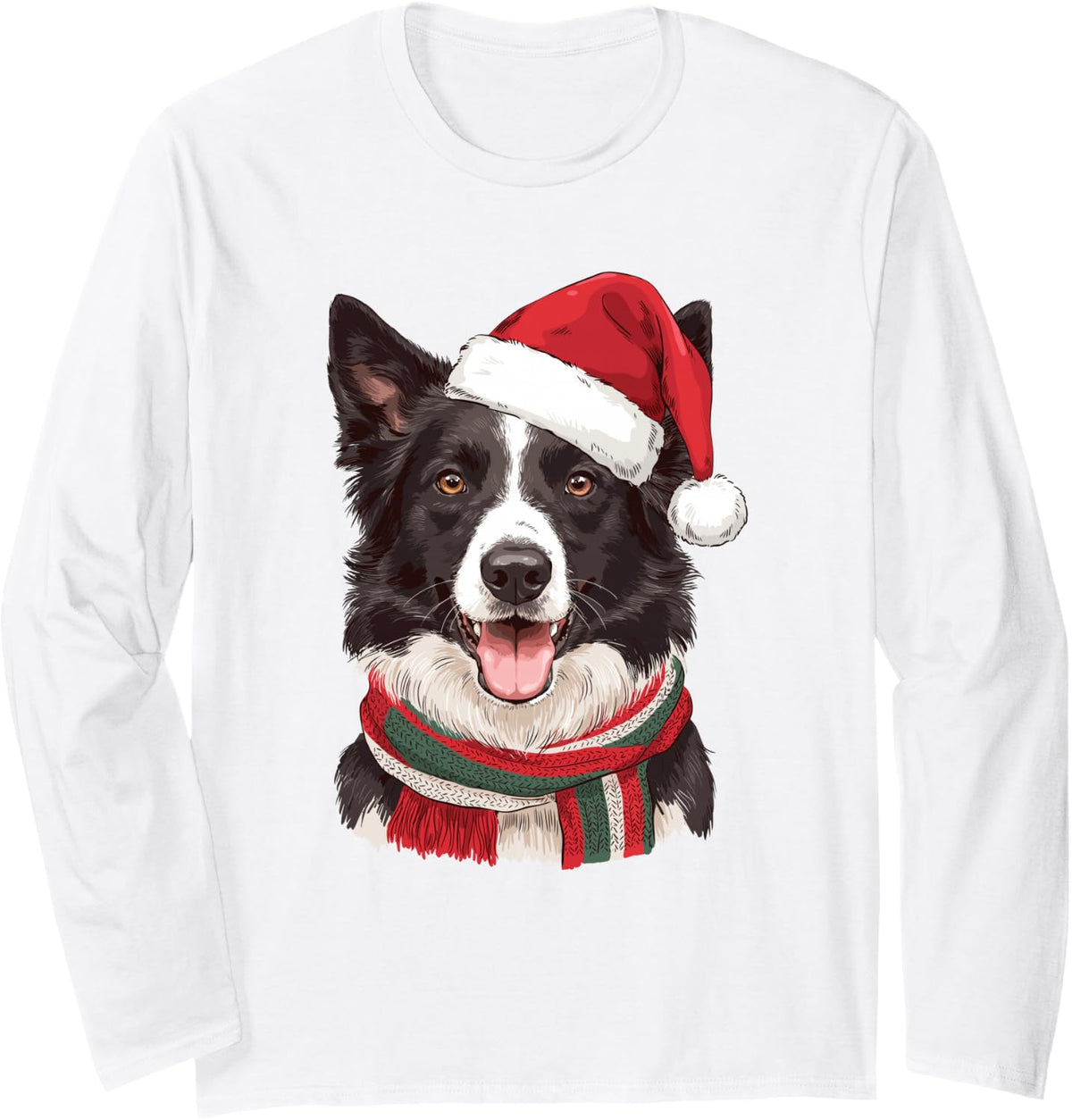 Border Collie Santa Hat Christmas Dog Lover Mom Dad Holiday Long Sleeve T-Shirt - Adult Unisex White