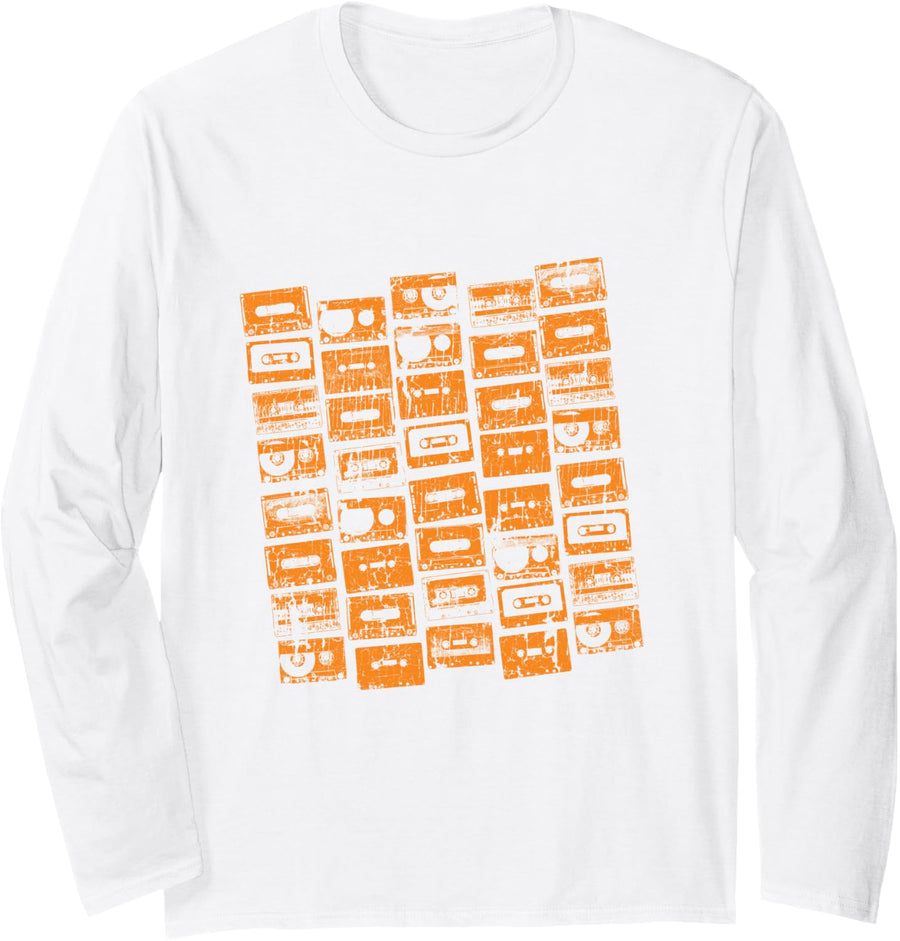 Orange Cassette Tapes 1980s Graphic Long Sleeve T-Shirt - Adult Unisex White