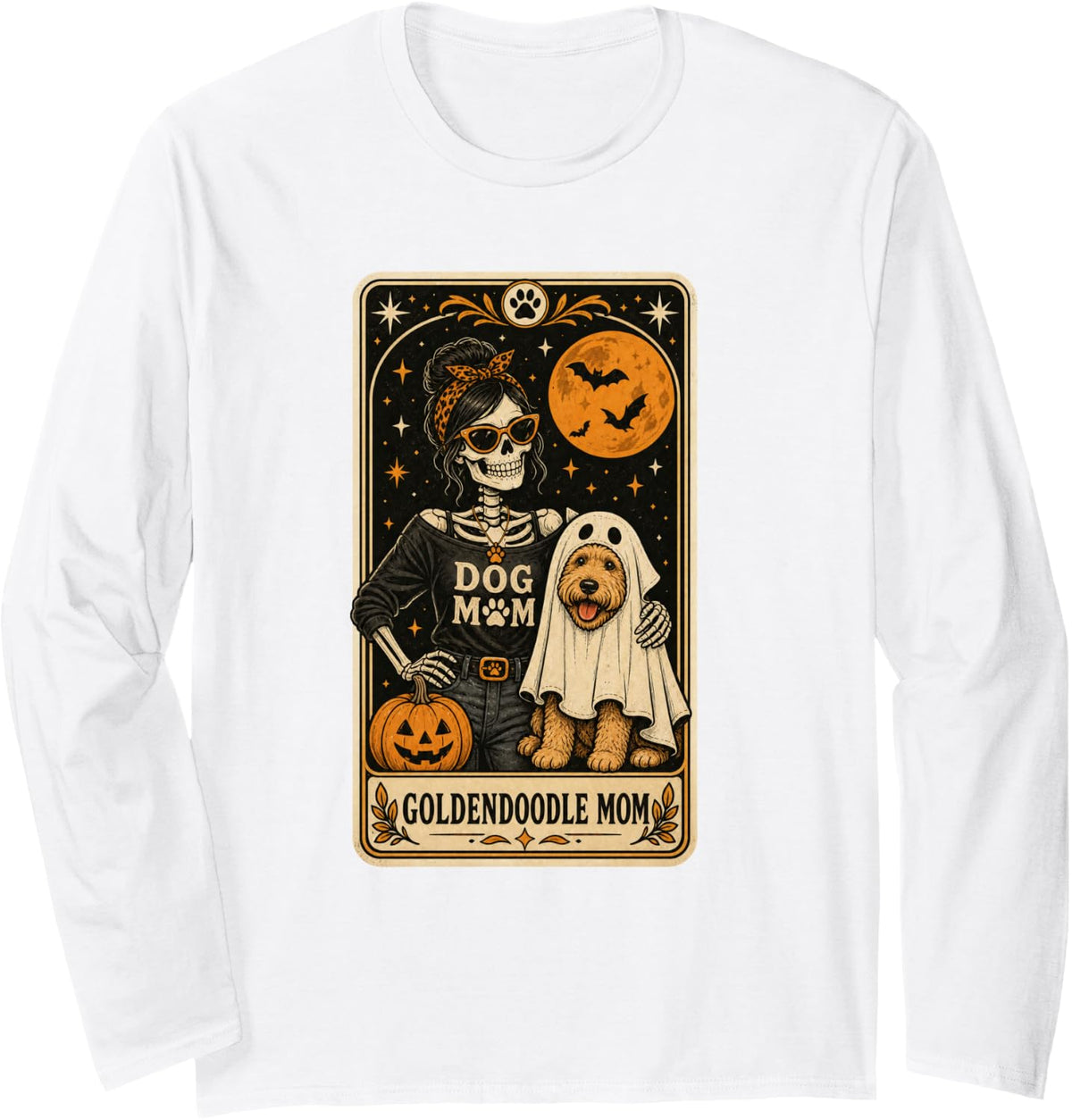 Goldendoodle Mom Halloween Skeleton Dog Mom Tarot Card Women Long Sleeve T-Shirt - Adult Unisex White