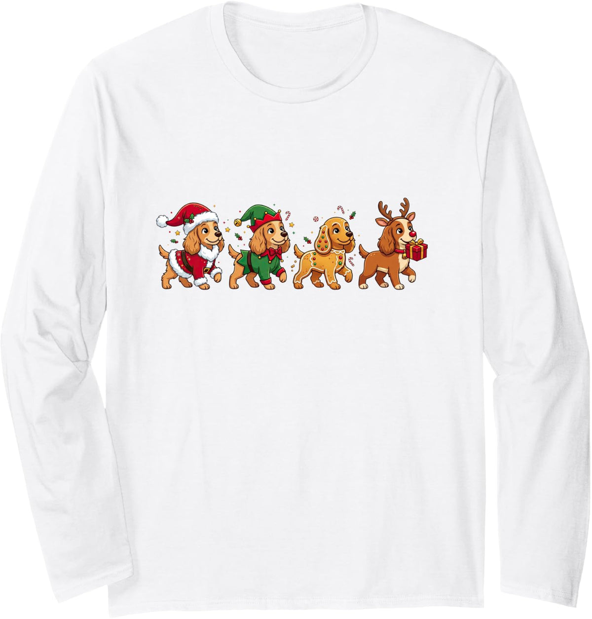 Christmas Cocker Spaniel Santa Elf Gingerbread Womens Mens Long Sleeve T-Shirt - Adult Unisex White