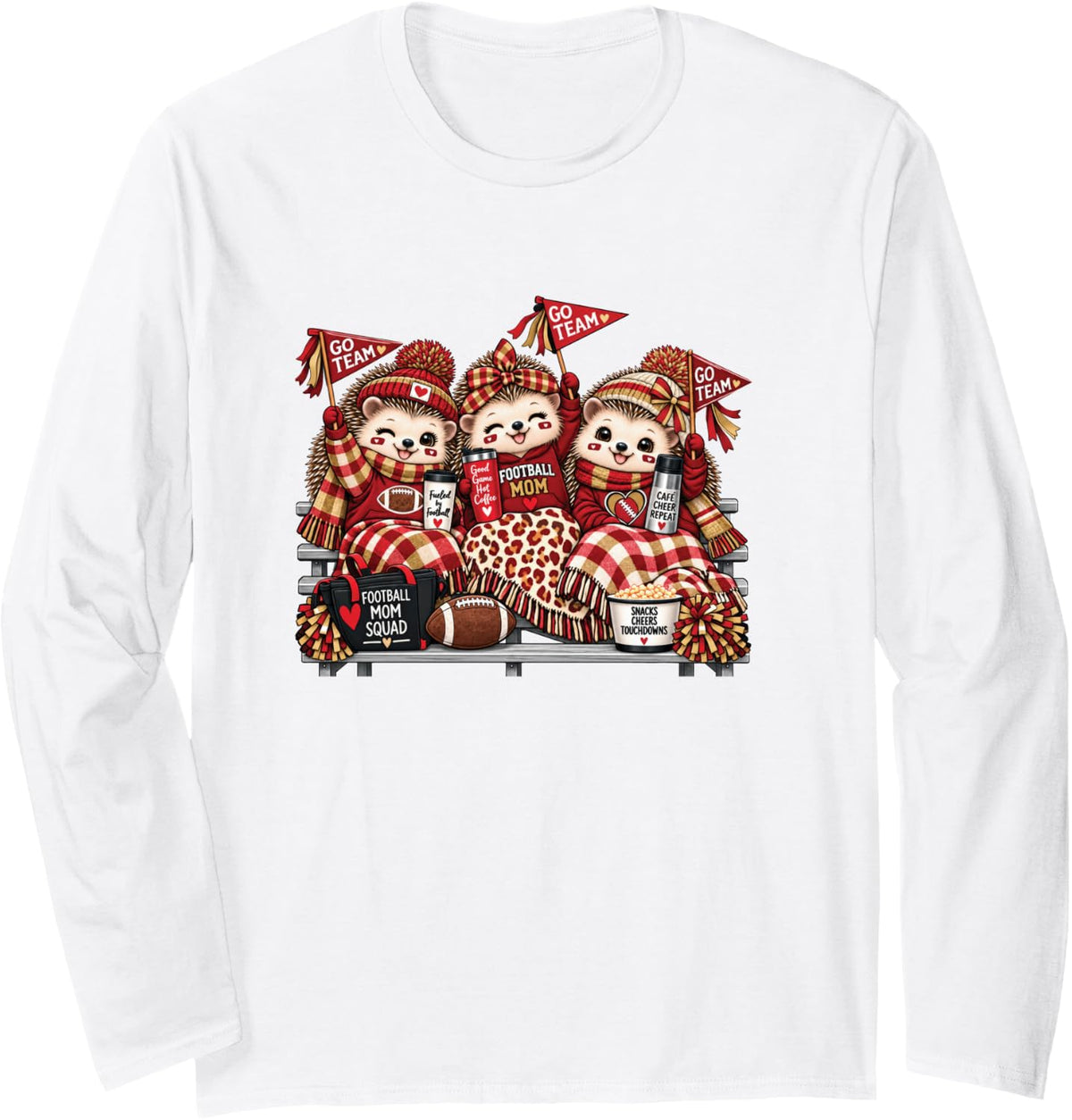 Football Mom Squad Cute Hedgehog Game Day Cheer Red and Gold Long Sleeve T-Shirt - Adult Unisex White