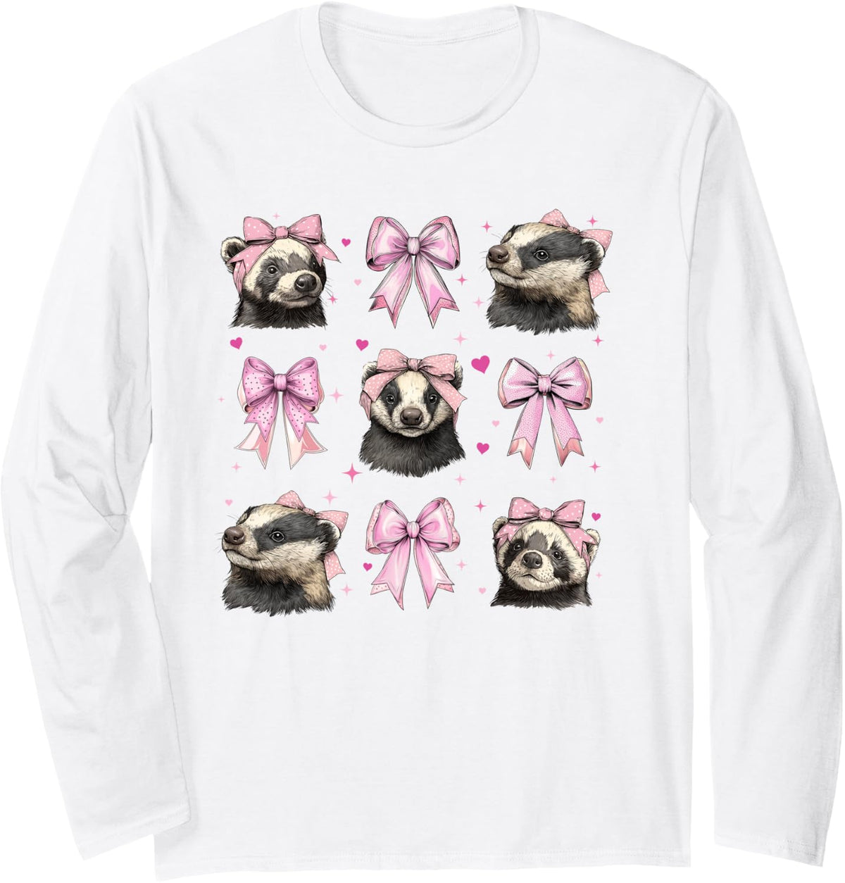 Honey Badger Ratel Girl Pink Coquette Bow Long Sleeve T-Shirt - Adult Unisex White