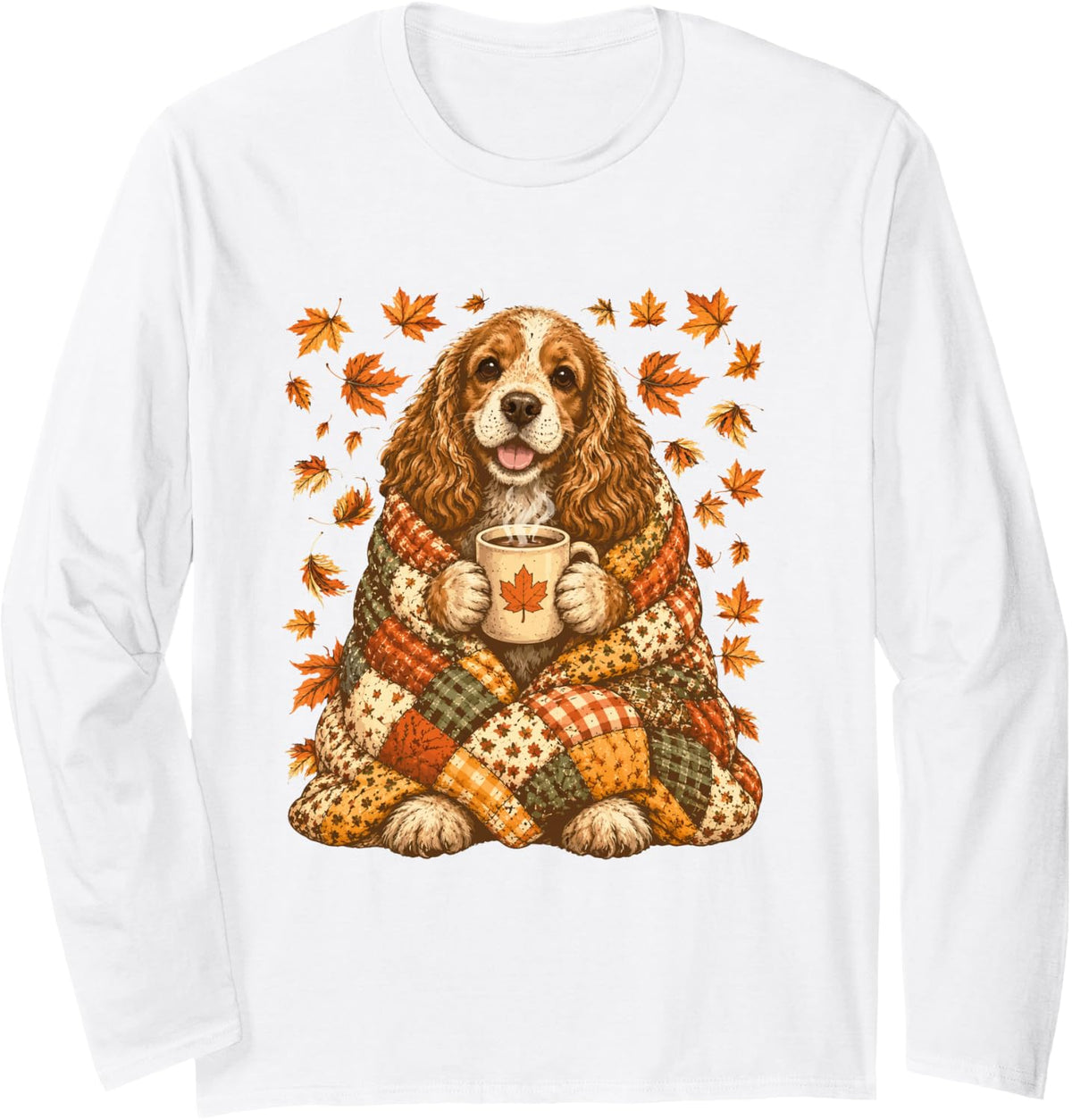 Cocker Spaniel with Maple Leaves Cozy Autumn Dog Fall Art Long Sleeve T-Shirt - Adult Unisex White