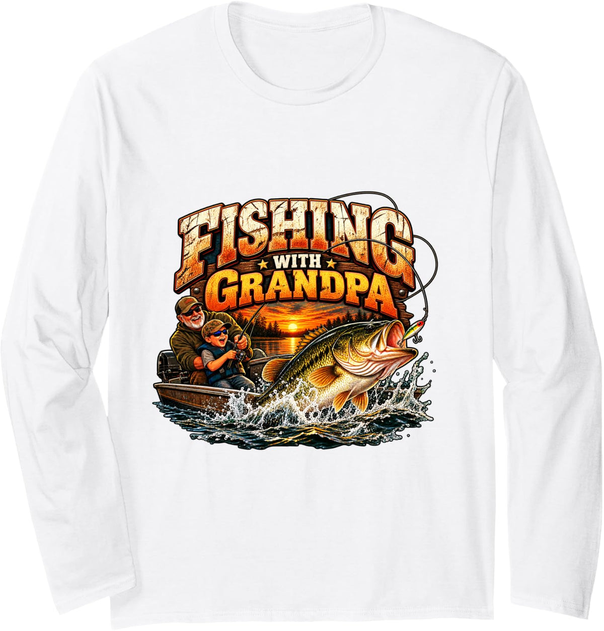 Fishing with Grandpa Bass Grandfather Vintage Long Sleeve T-Shirt - Adult Unisex White