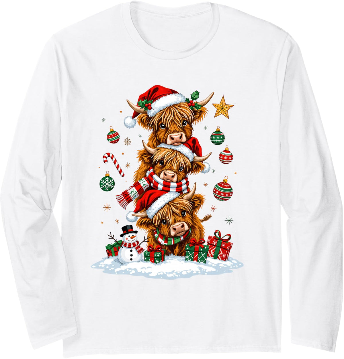 Glam Christmas Highland Cow Tree Santa Hat Winter Holiday Long Sleeve T-Shirt - Adult Unisex White