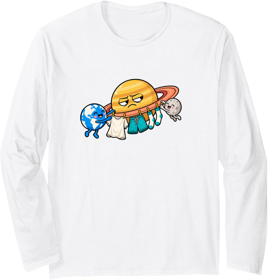 Funny Saturn Space Laundry Line for Astronomy Lovers Long Sleeve T-Shirt - Adult Unisex White