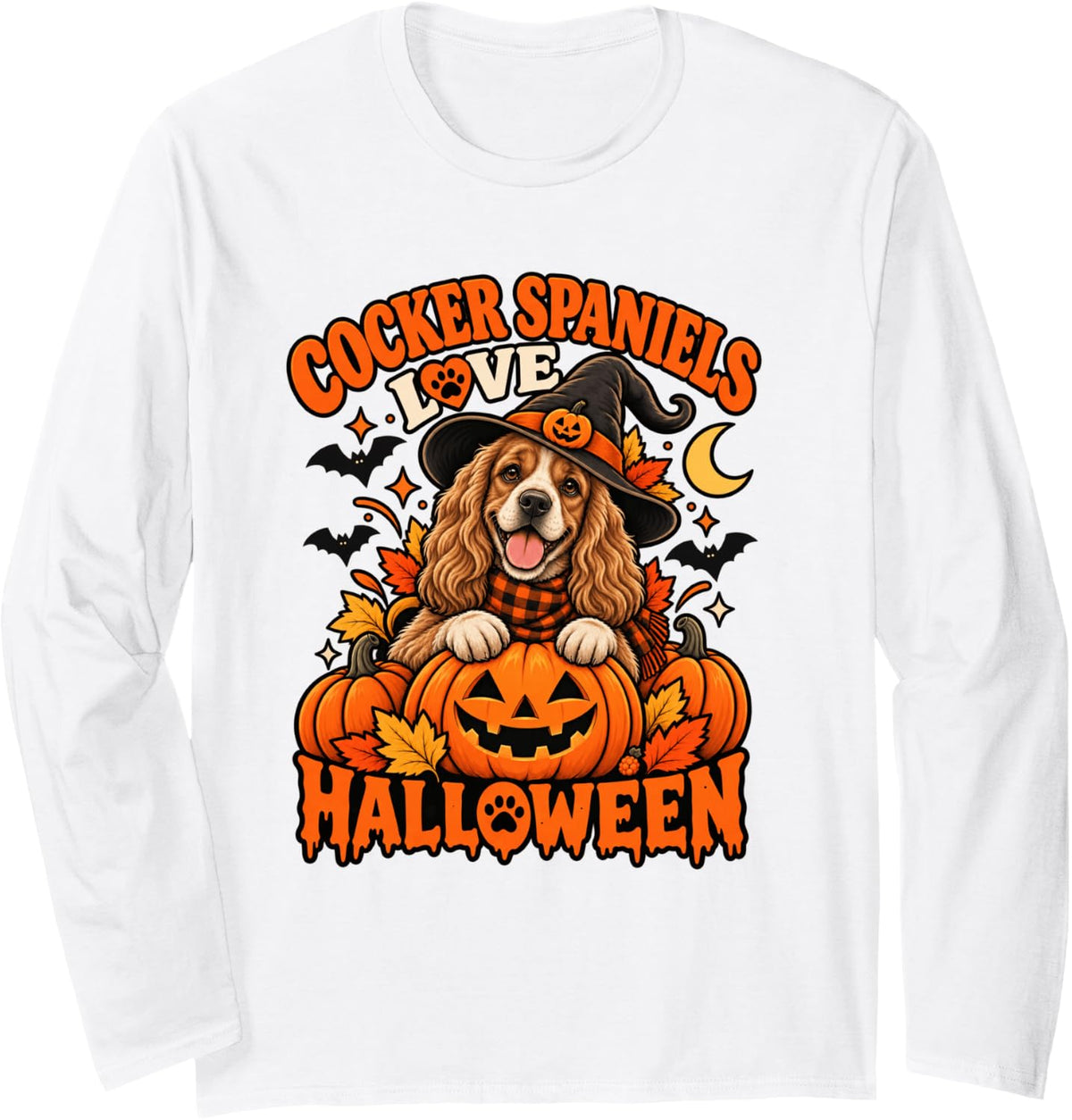 Cute Cocker Spaniel Love Halloween Dog Witch Pumpkin Long Sleeve T-Shirt - Adult Unisex White