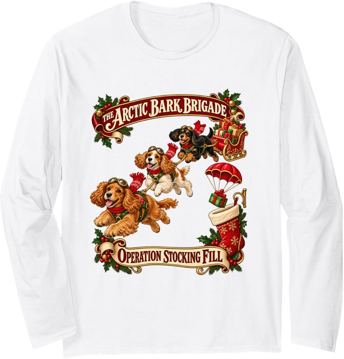 Cute Cocker Spaniel Dog Christmas Arctic Sleigh Adventure Long Sleeve T-Shirt - Adult Unisex White
