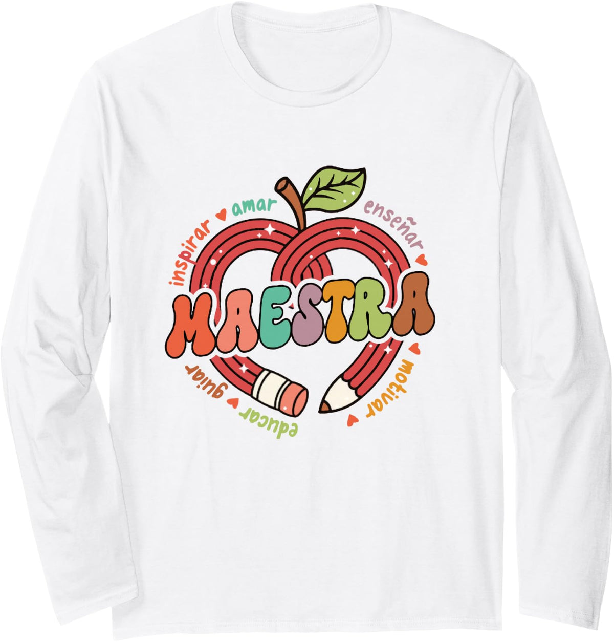 Retro Maestra Bilingue Cute Pencil Apple Spanish Teacher Long Sleeve T-Shirt - Adult Unisex White