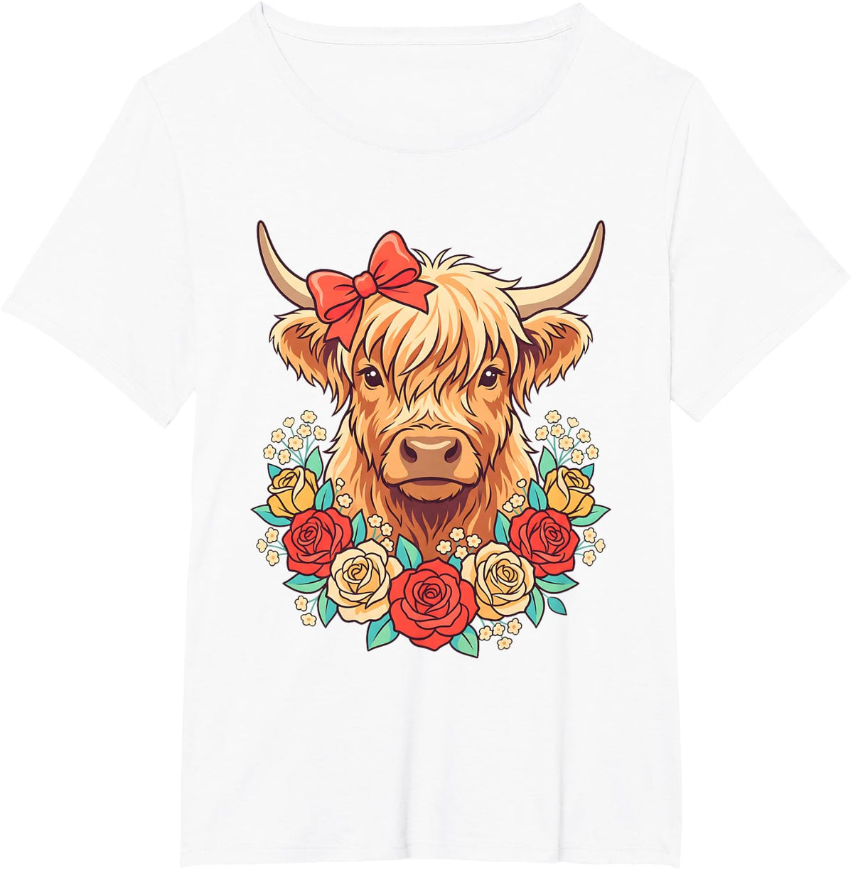 Highland Cow Red Bow Rose Wreath Floral T-Shirt - White