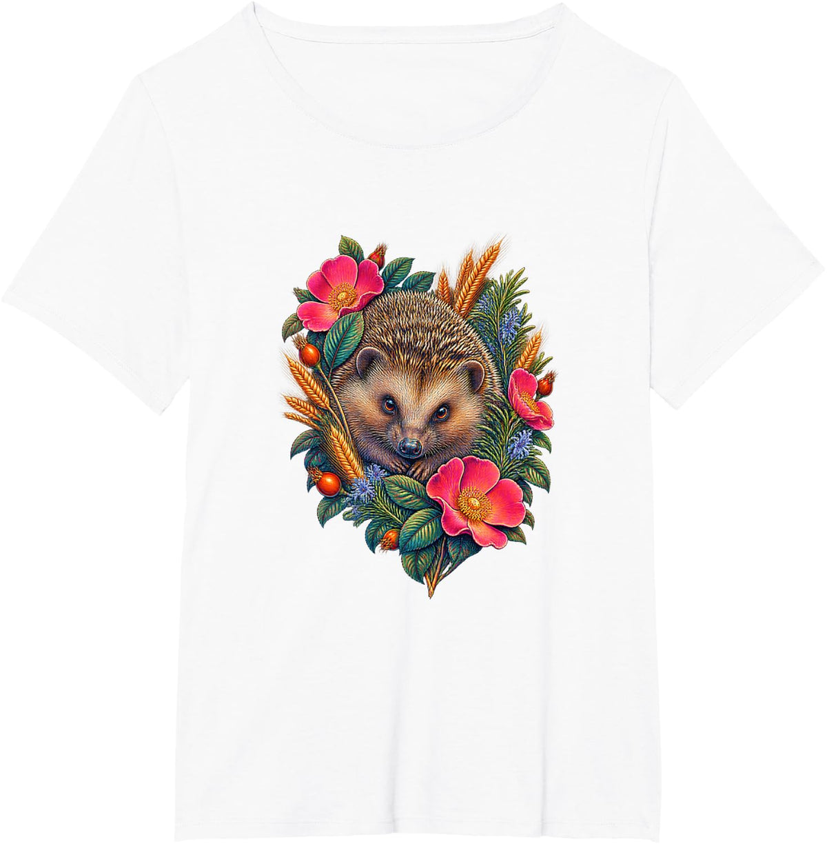 European Hedgehog Wild Rose Art Nouveau T-Shirt - White