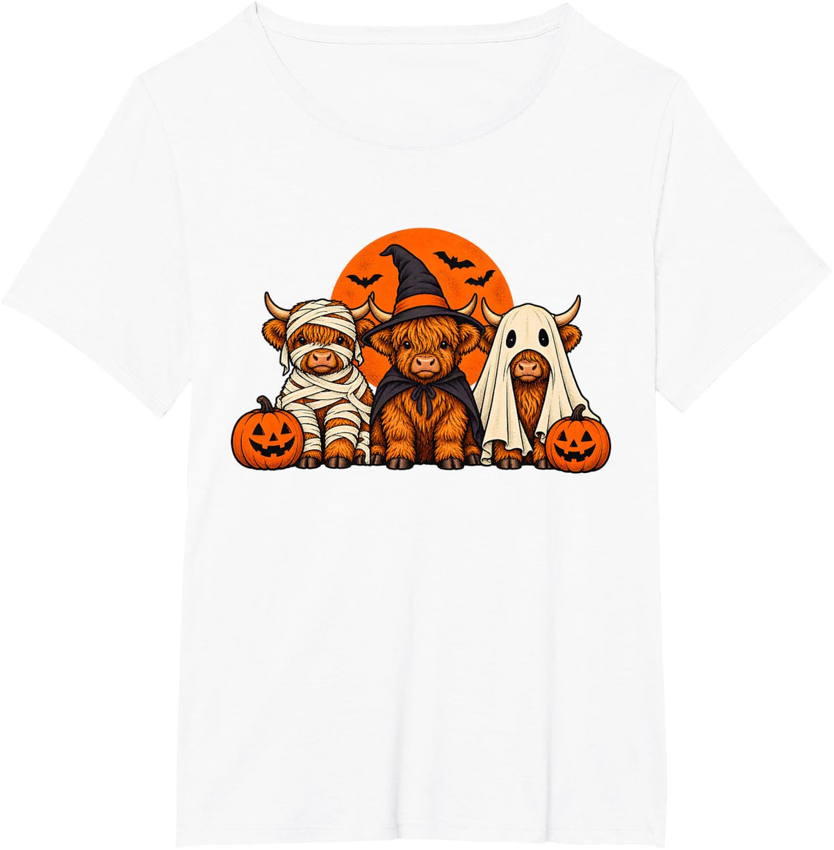 Halloween Highland Cow Mummy Witch Ghost Cute Cow Trio T-Shirt - White