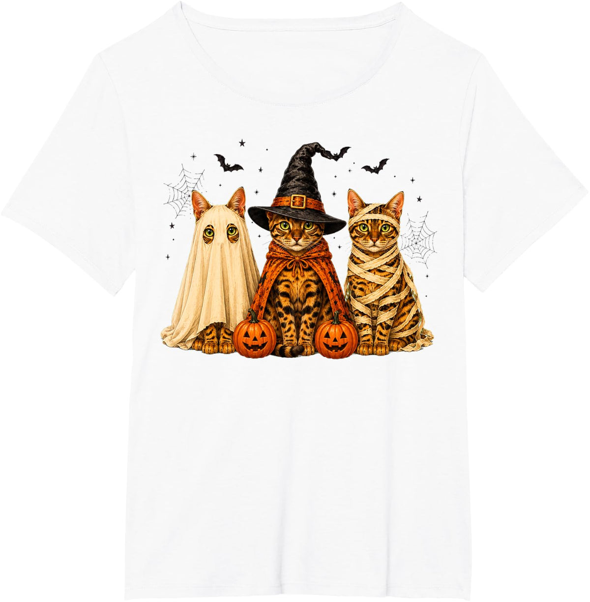 Retro Bengal Cat Witch Scary Halloween Pumpkin T-Shirt - White