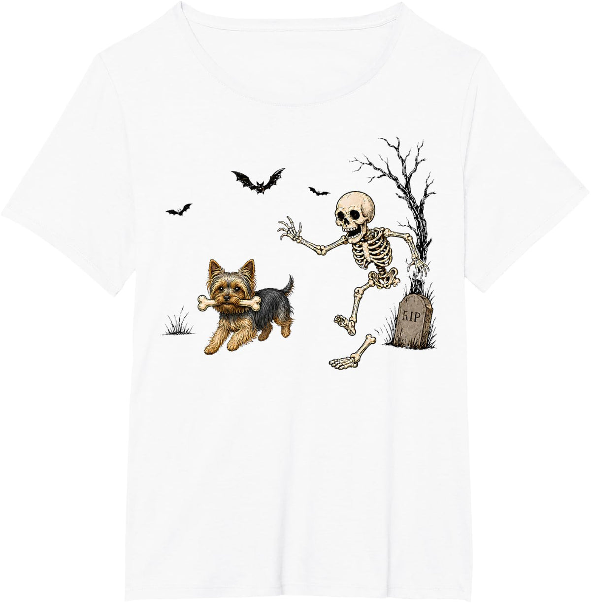 Funny Yorkie Skeleton and Halloween T-Shirt - White