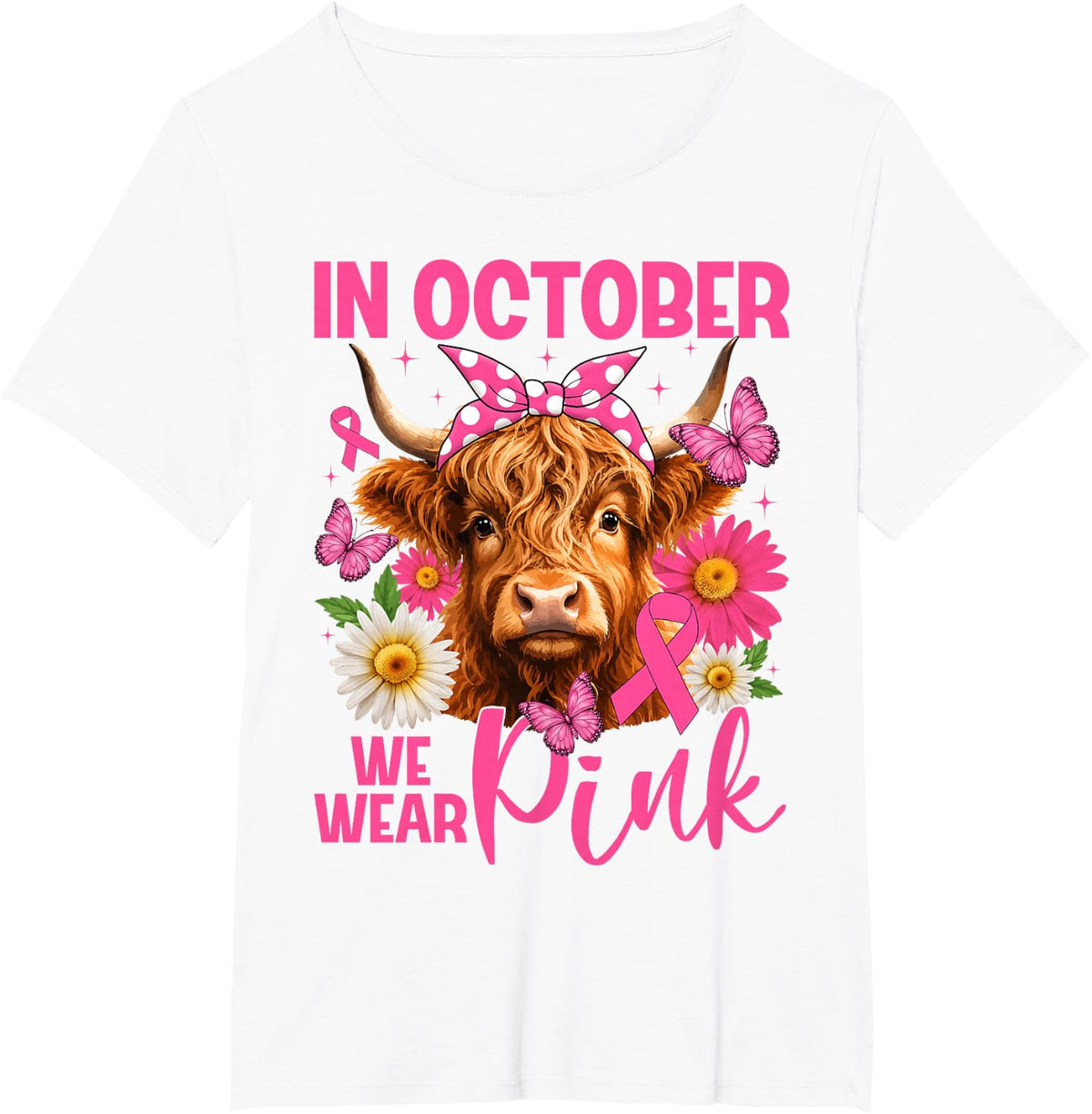 in October We Wear Pink Highland Cow Breast Cancer Women T-Shirt - White