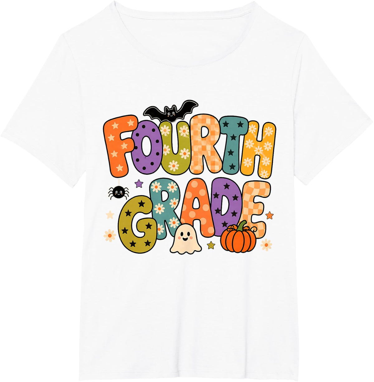 Fourth Grade Fun Halloween Patchwork Teacher Kids 4th Grade T-Shirt - White