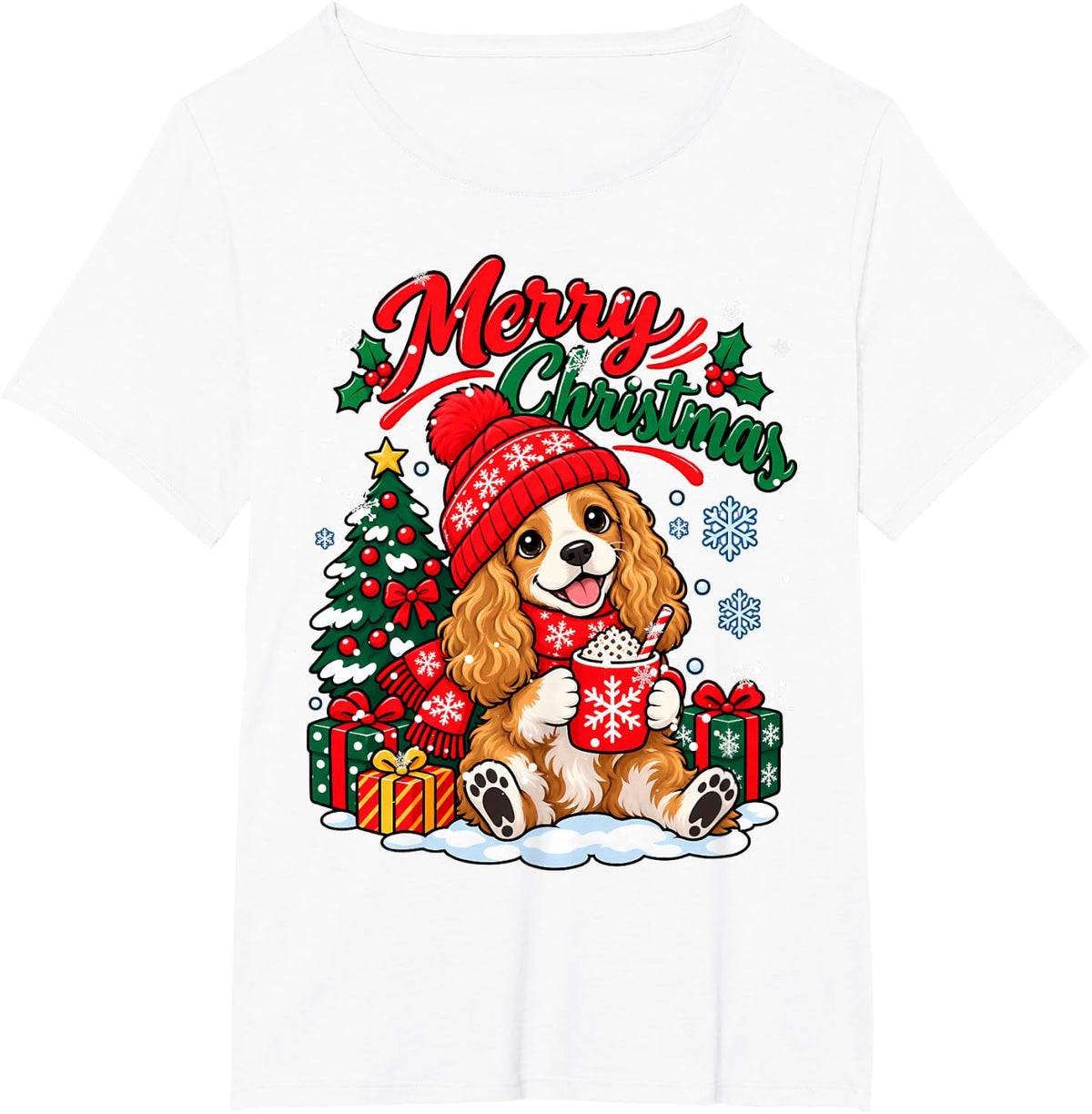 Cute Cocker Spaniel Dog Drink Hot Cocoa Christmas Xmas T-Shirt - White