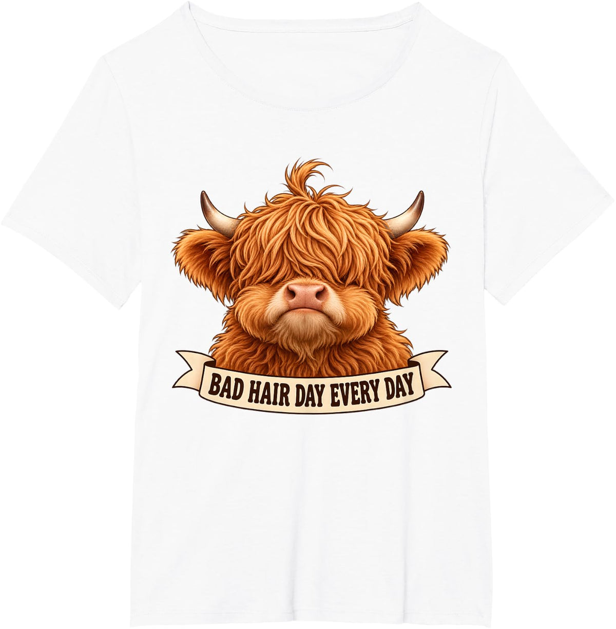 Highland Cow Bad Hair Day Every Day Funny Messy Hair Cow T-Shirt - White