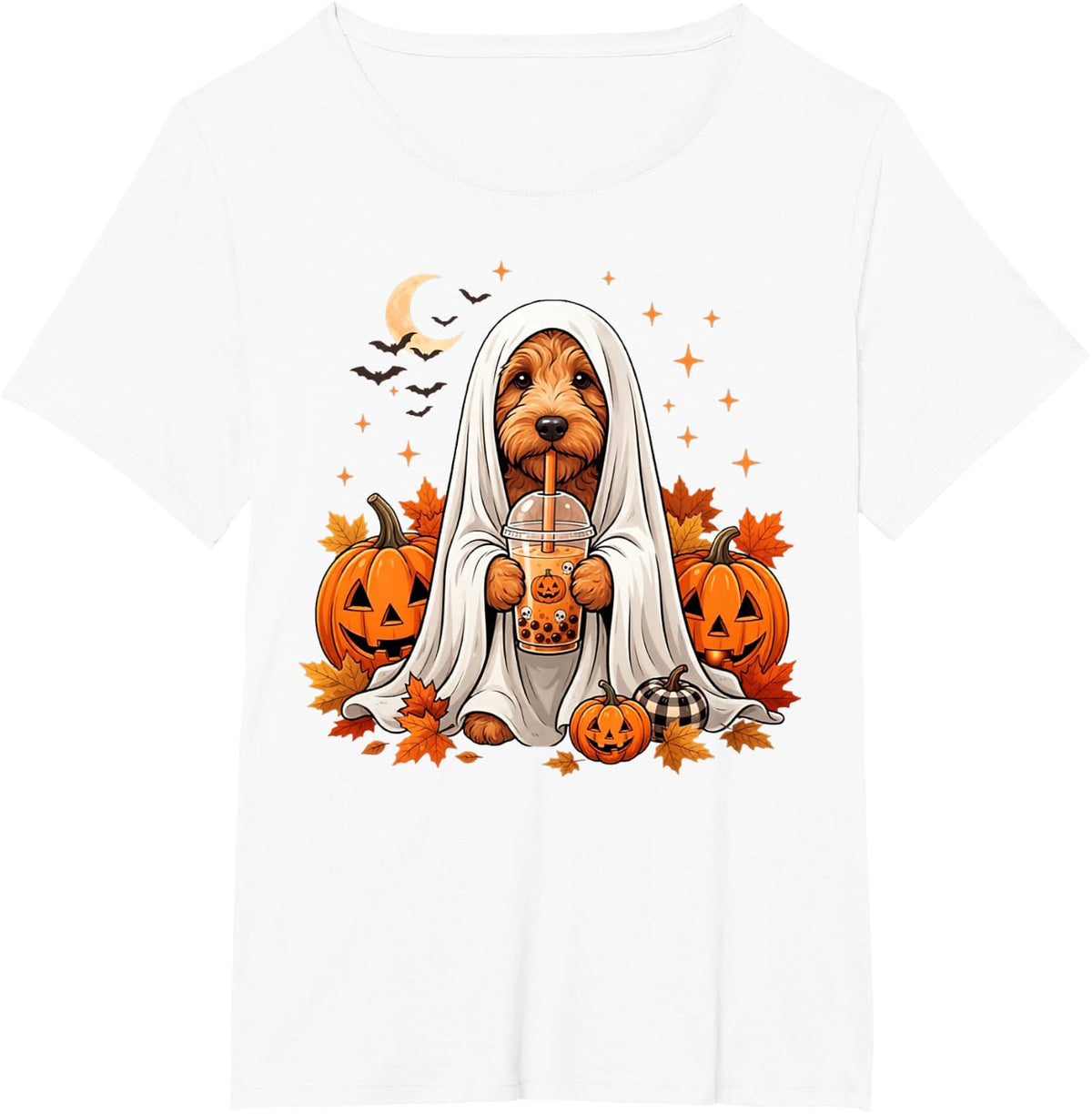 Goldendoodle Ghost and Boba Cute Halloween Dog Humor Funny T-Shirt - White