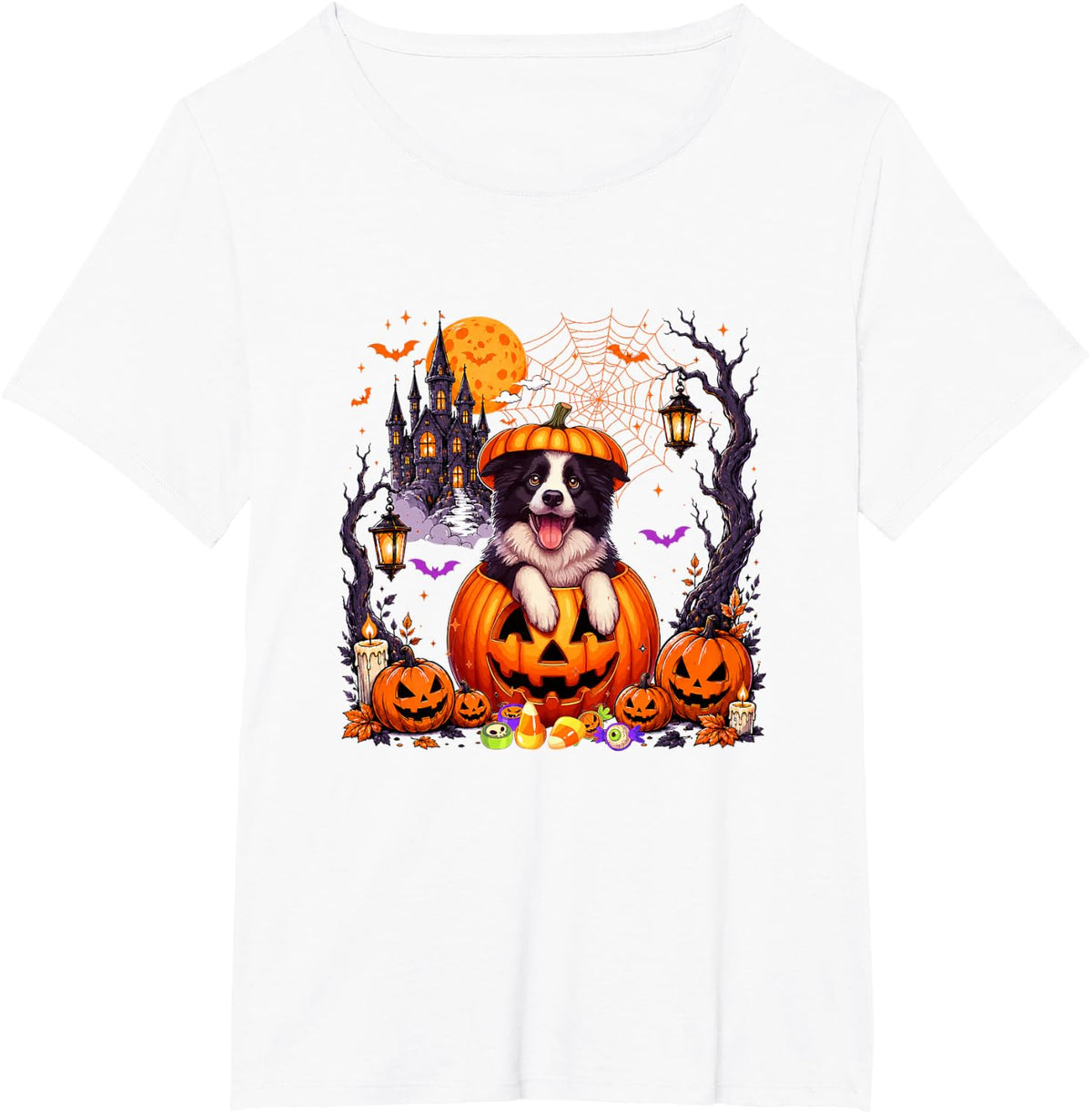 Border Collie Inside Horror Carved Pumpkins Halloween Owner T-Shirt - White