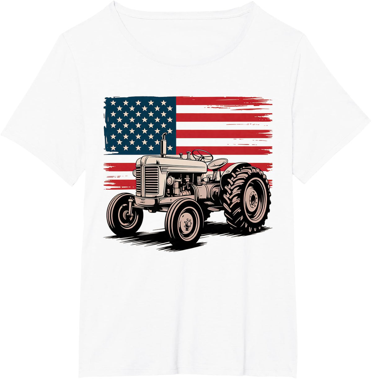 American Farm Tractor over Distressed Flag Heritage Graphic T-Shirt - White