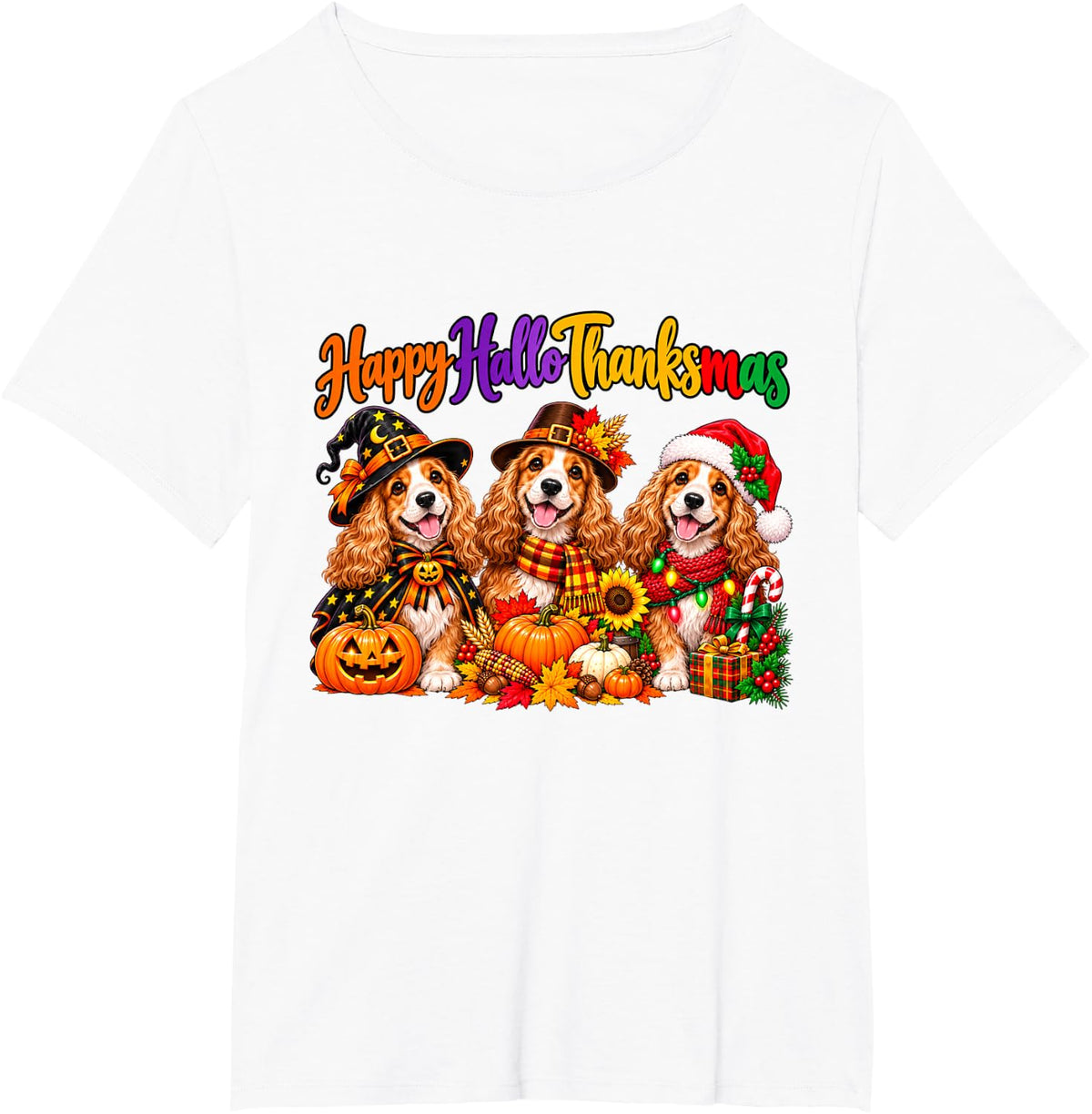 English Cocker Spaniel Happy Hallothanksmas Halloween T-Shirt - White