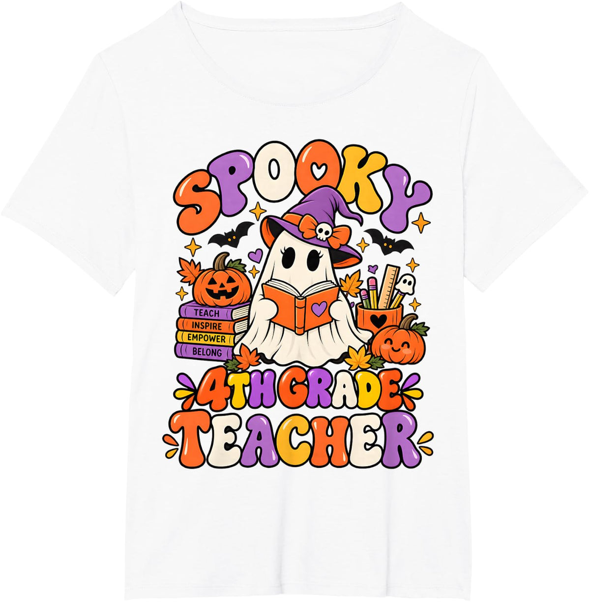 Groovy Spooky 4th Grade Teacher Ghost Retro Floral Halloween T-Shirt - White