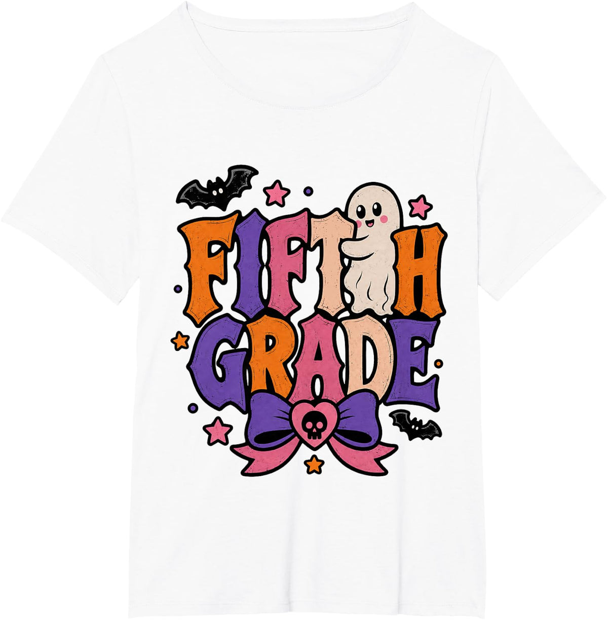 Fifth Grade Halloween Teacher Student Ghost Coquette Bow T-Shirt - White