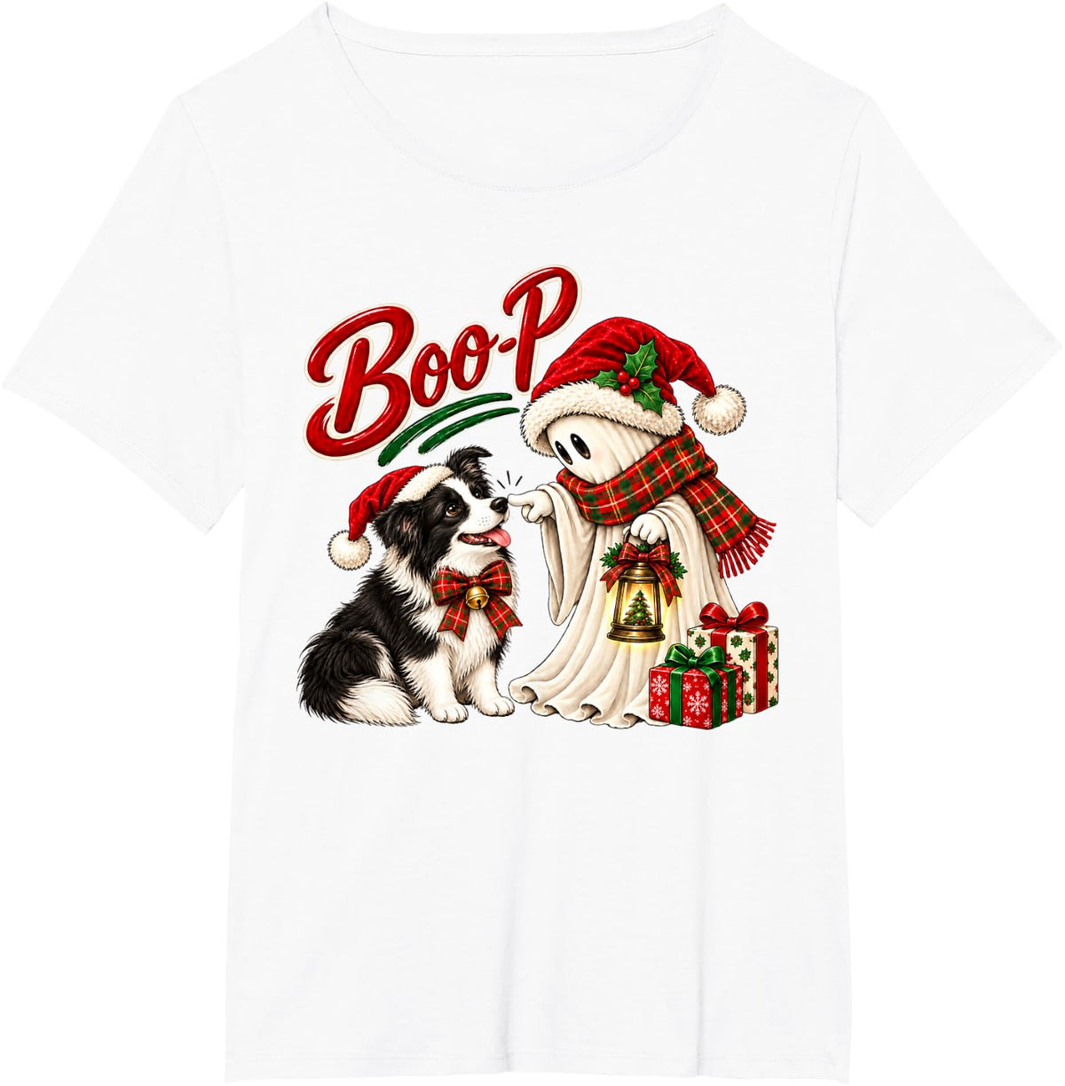 Border Collie Boo Boo-p Ghost Nose Boop Christmas Dog Lover T-Shirt - White