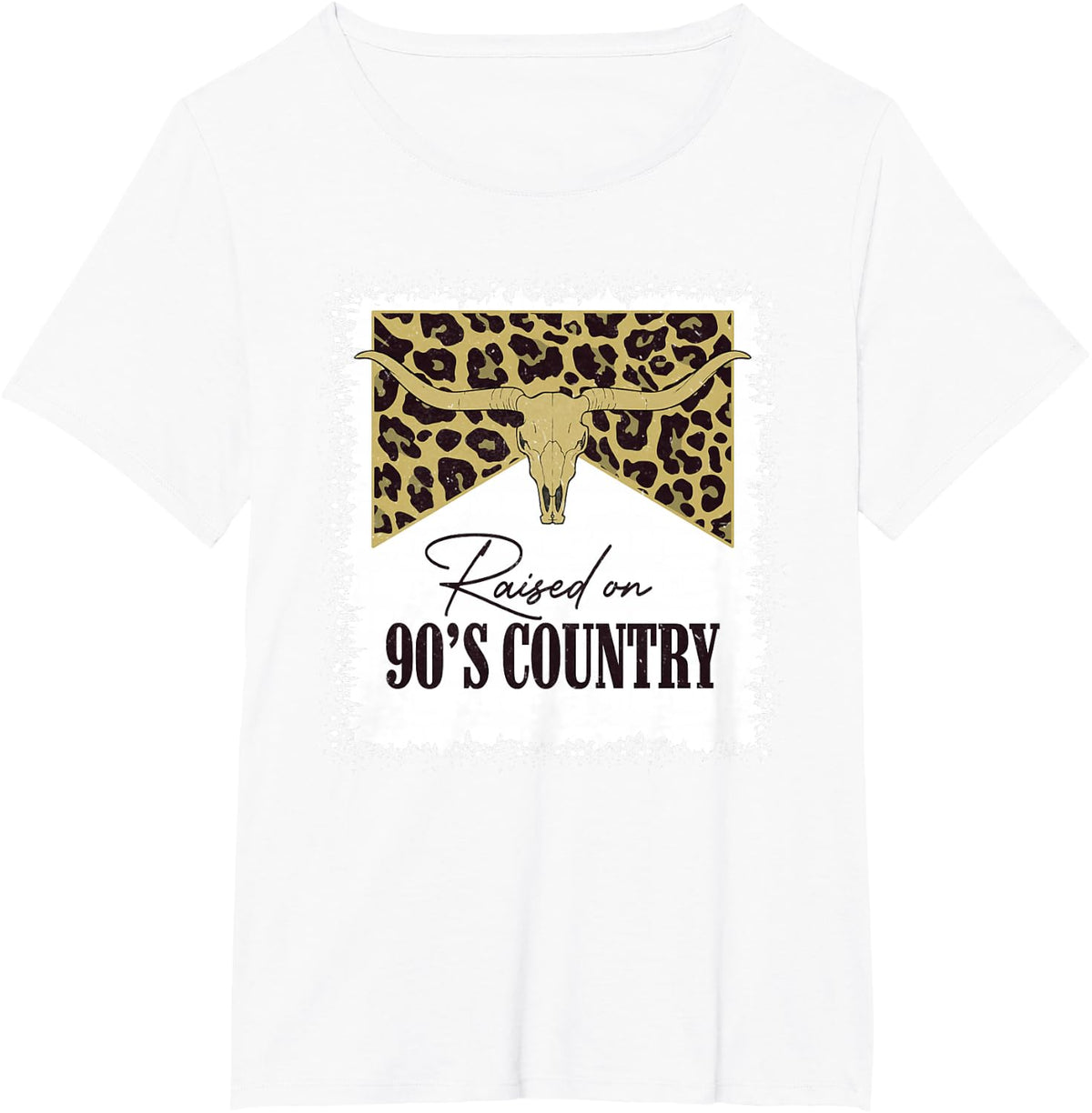 Raised On 90's Country Vintage Bull Skull Leopard Bleached T-Shirt - White