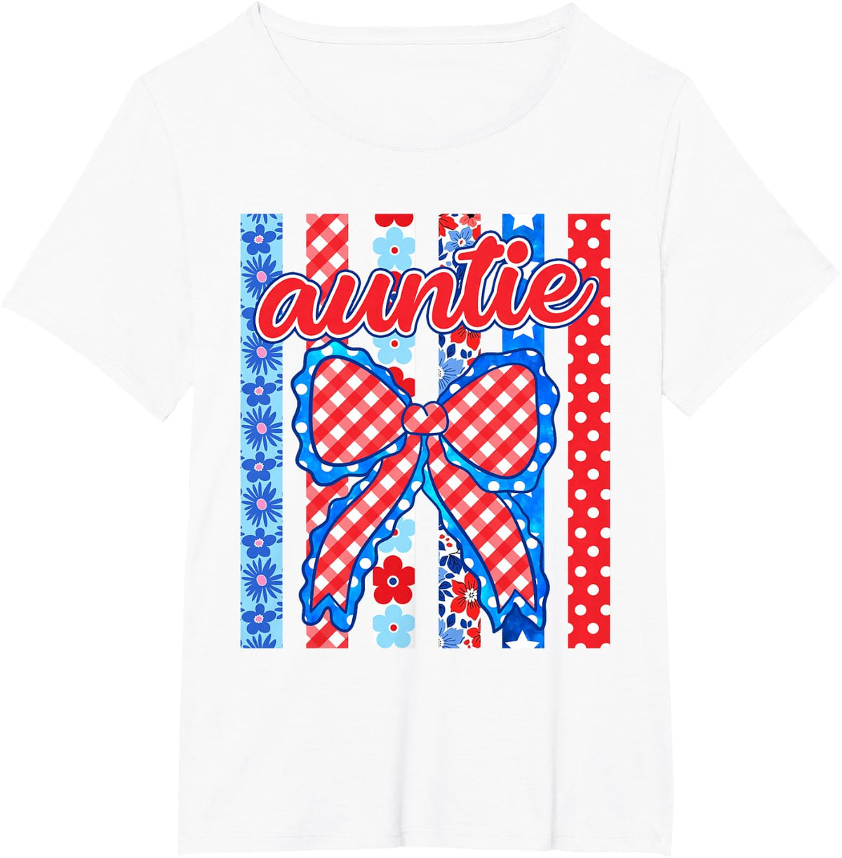 Auntie Striped Bow Flowers Patriotic Funny 4th of July T-Shirt - White