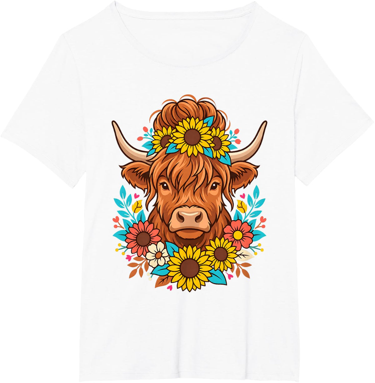 Highland Cow Sunflower Messy Bun Floral Wreath T-Shirt - White