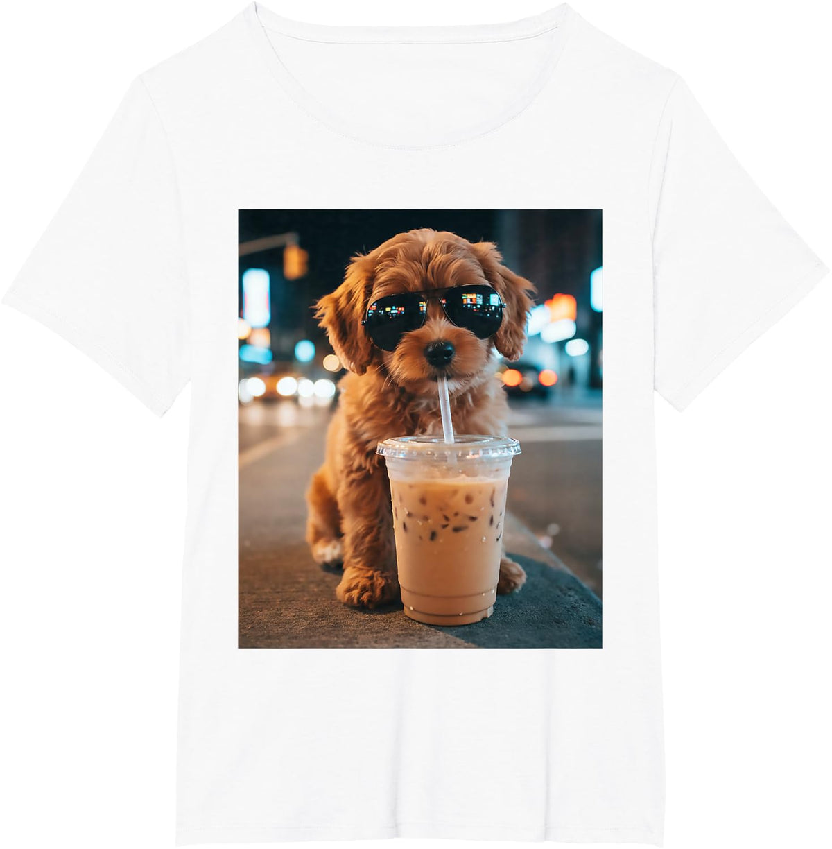 Funny Goldendoodle Drinking Iced Coffee Animal Meme Humor T-Shirt - White