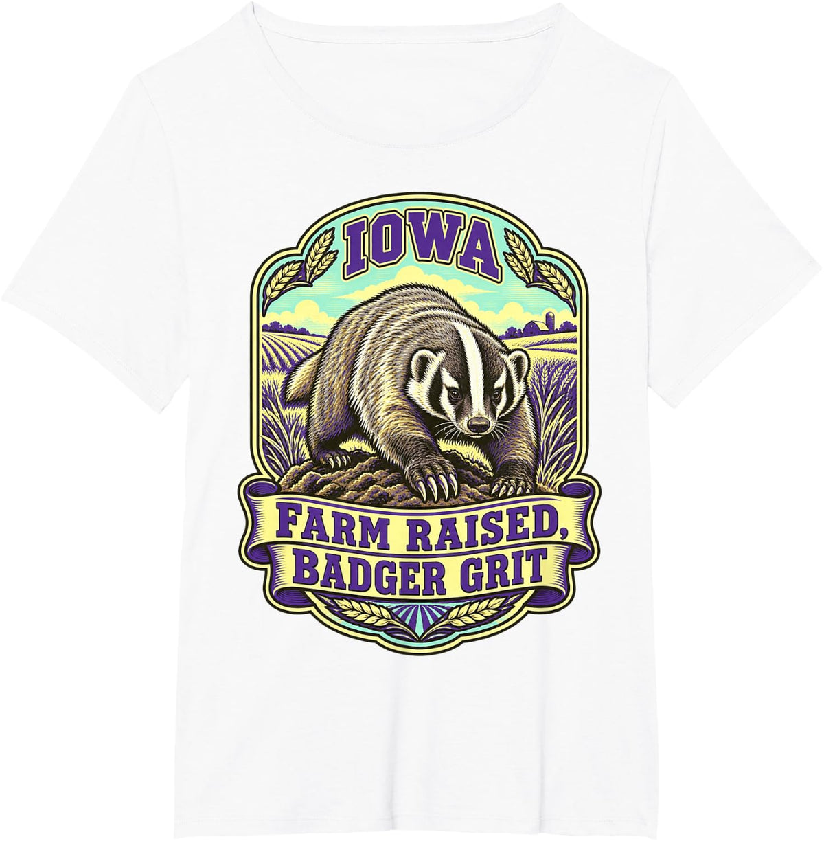 Iowa Farm Badger Feed Label Art T-Shirt - White