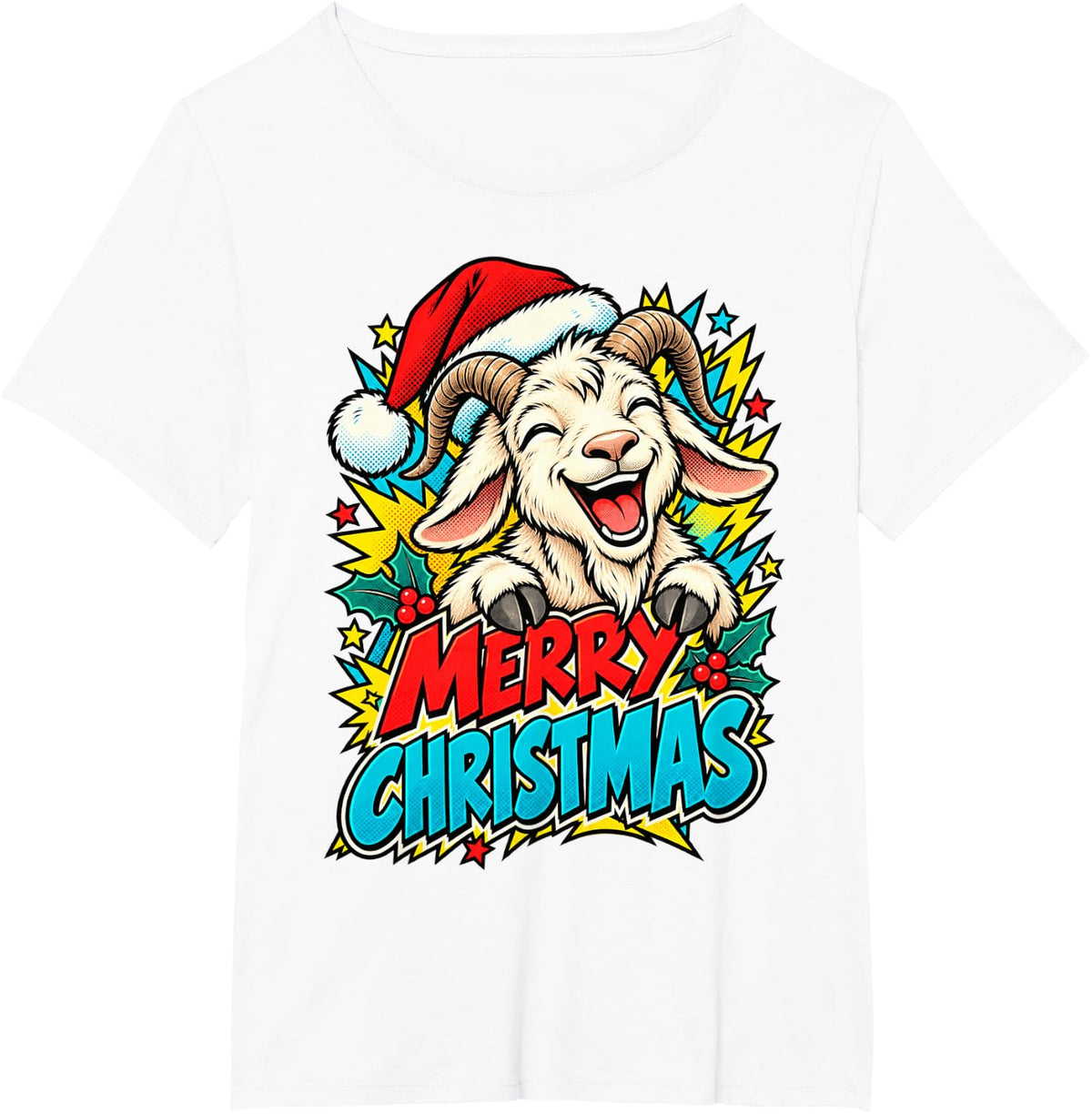 Merry Christmas Smiling Goat Pop Art Santa Men Women Kids T-Shirt - White