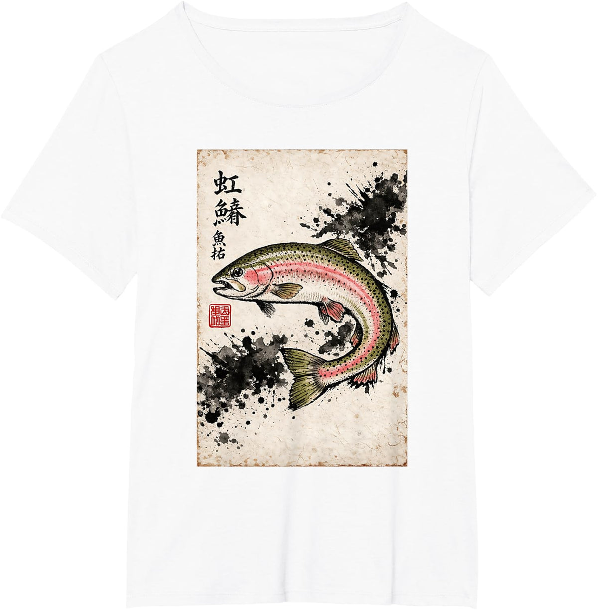 Rainbow Trout Fly Fishing Gyotaku Art Japanese Ink Print Tees T-Shirt - White