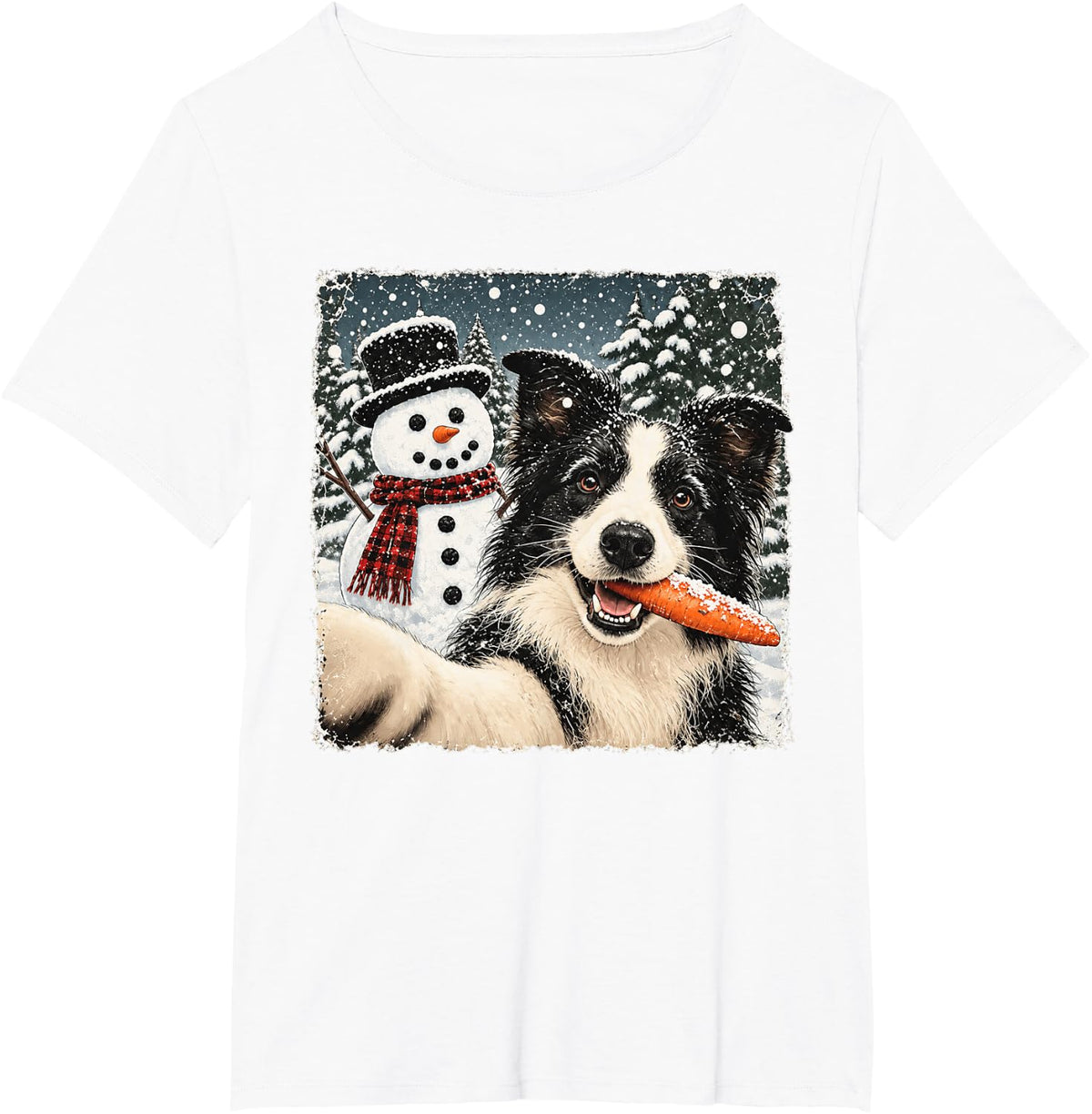 Border Collie Dog Christmas Selfie Stole The Snowman Funny T-Shirt - White
