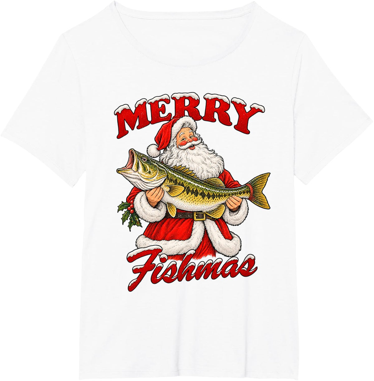 Funny Merry Fishmas Santa Claus Bass Fisherman Dad Holiday T-Shirt - White