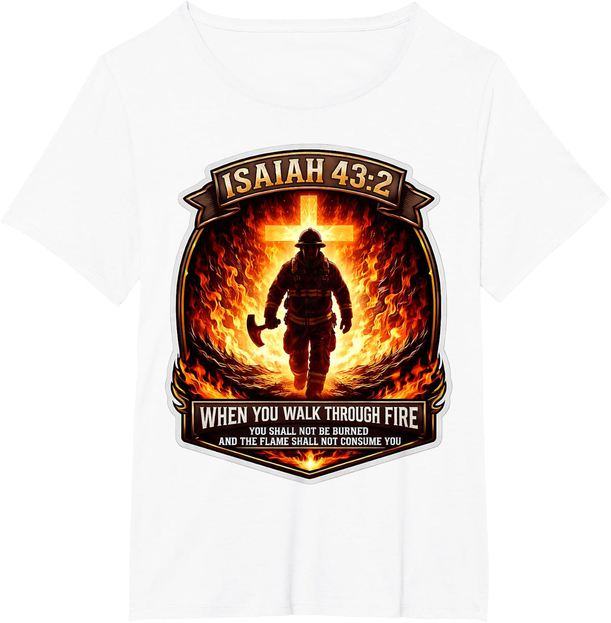 Isaiah 43 2 Firefighter Fire Prayer Bible Verse Jesus Cross T-Shirt Tee - White