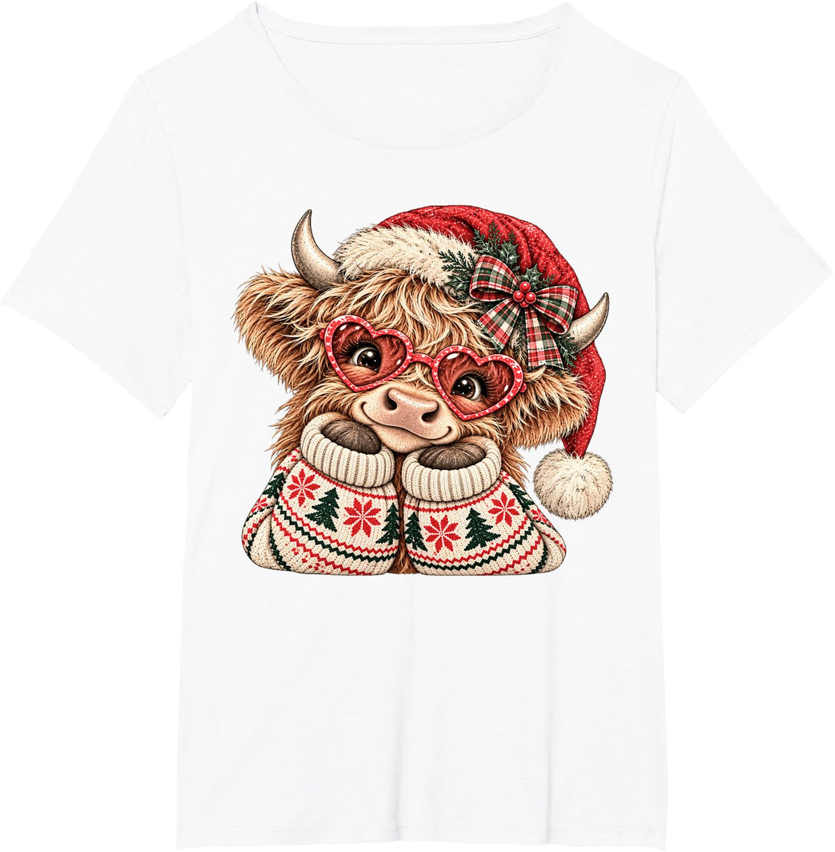 Retro Cute Christmas Highland Cow Santa Hat Xmas Girls Women T-Shirt - White