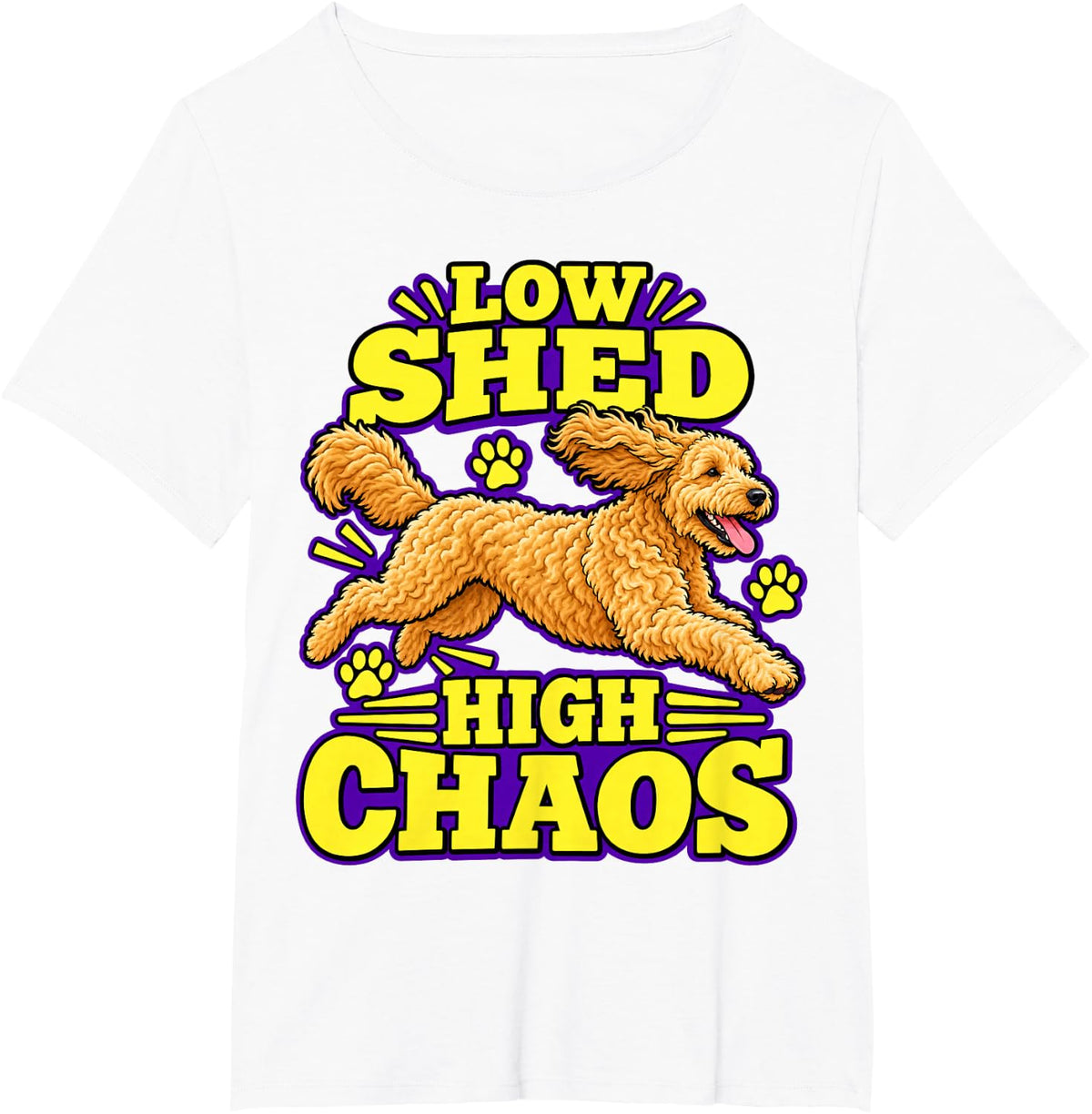 Goldendoodle Low Shed High Chaos Dog Dad Funny Curly T-Shirt - White