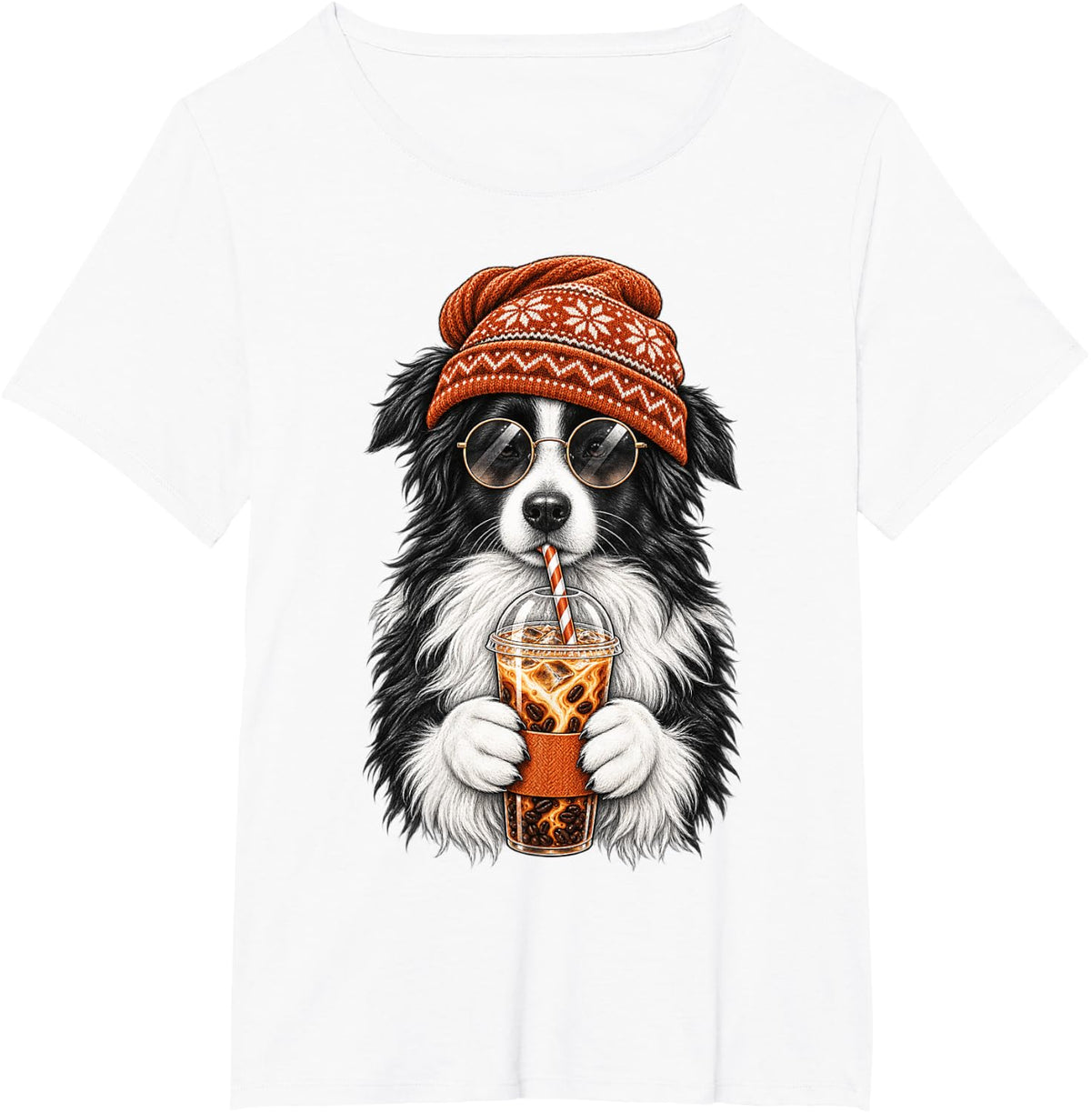 Cool Border Collie Iced Coffee Dog T-Shirt - White