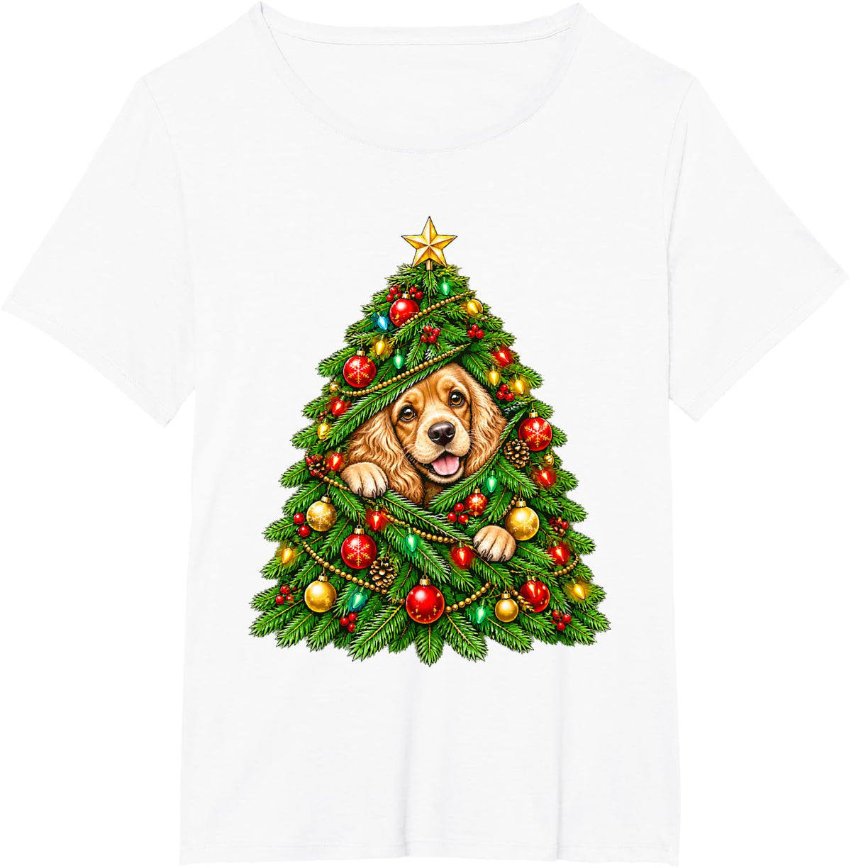 Cocker Spaniel Peeking with Christmas Tree Festive Lights T-Shirt - White