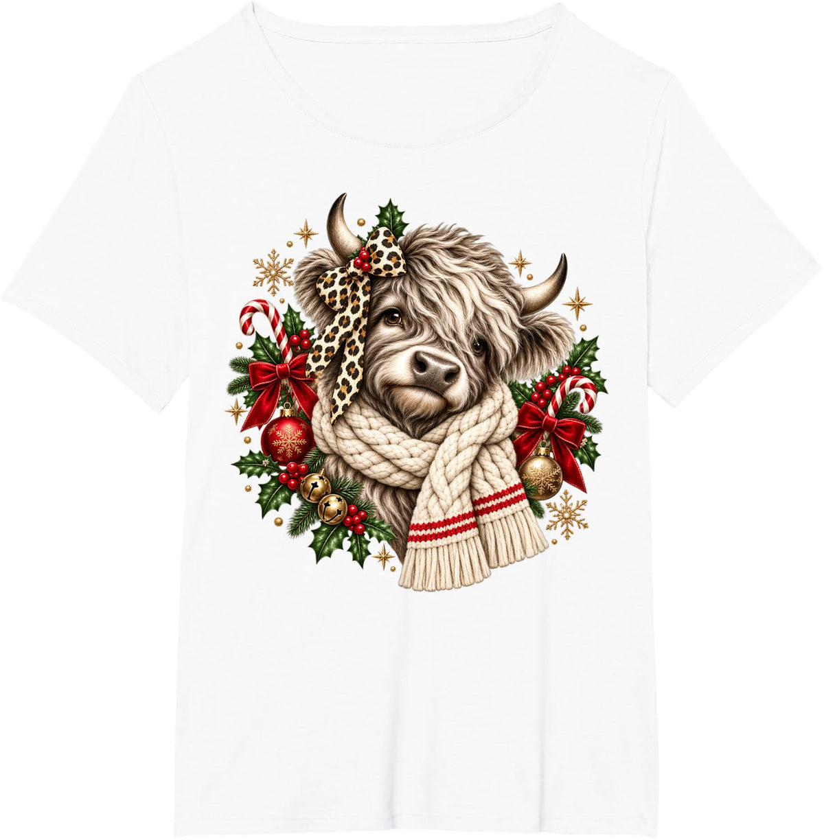 Christmas Highland Cow Leopard Bow Scarf Candy Cane T-Shirt - White