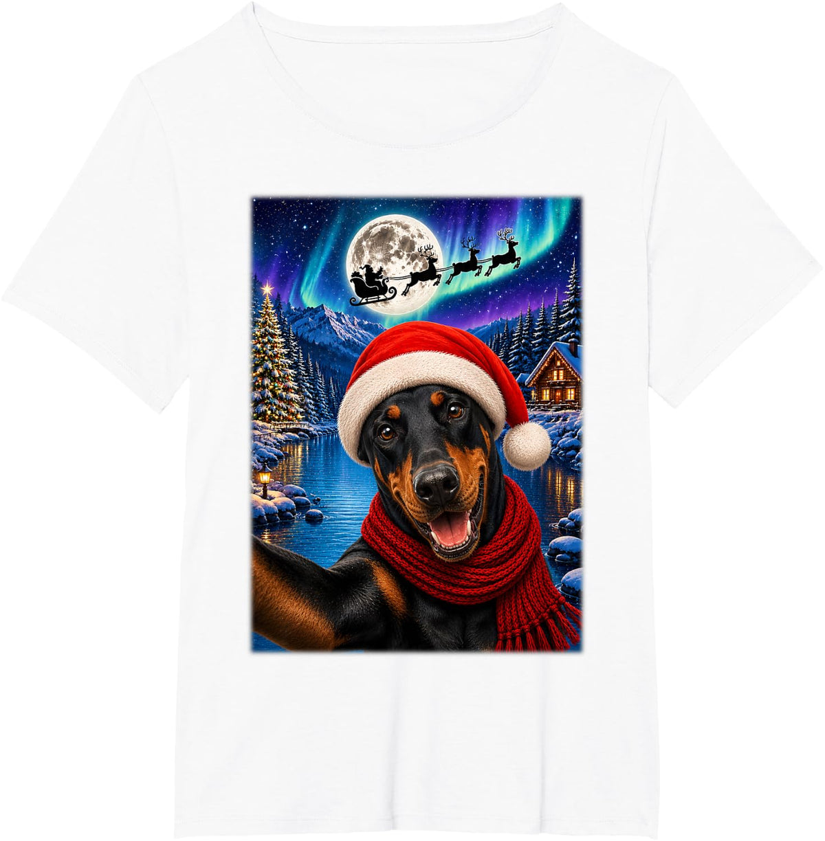 Doberman Pinscher Dog Christmas Moon Night Santa Sleigh Xmas T-Shirt - White